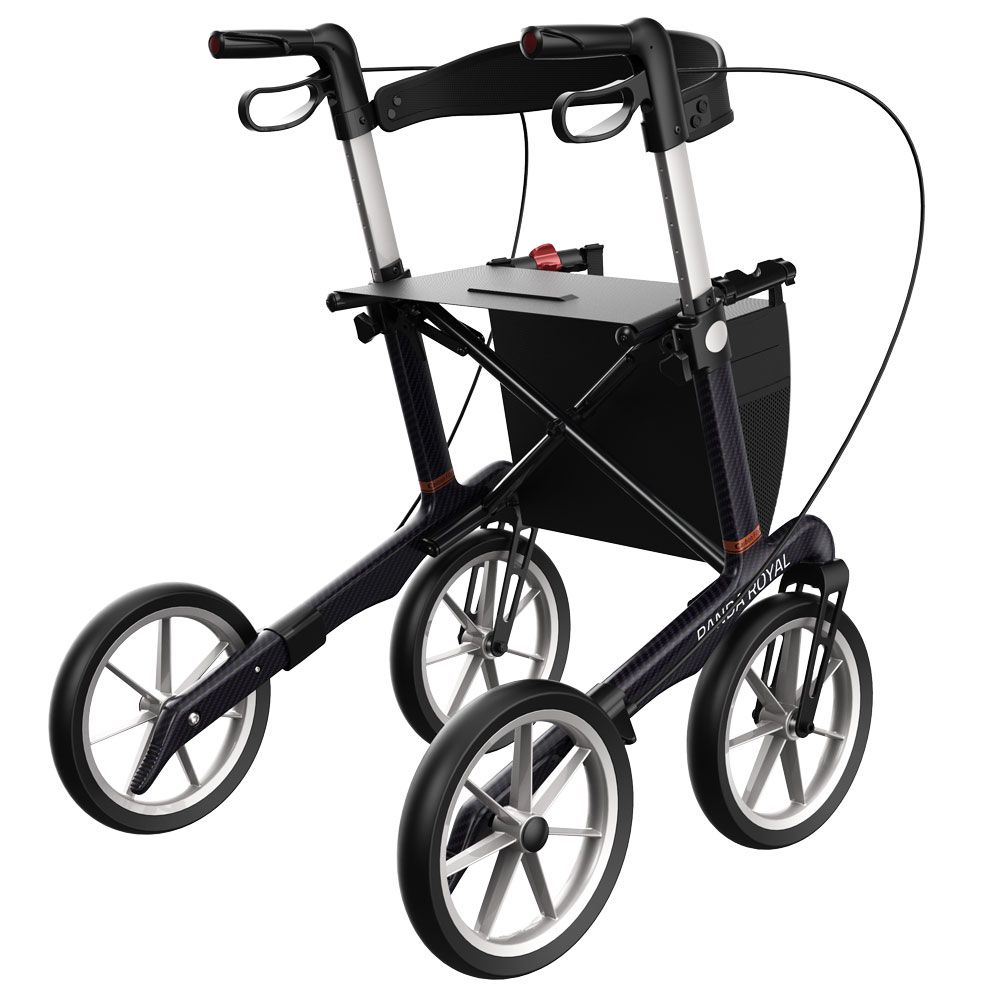 Mobiler Rollator mit Sitz, Tasche und vier Rädern. Höhenverstellbare Griffe und Bremsen.