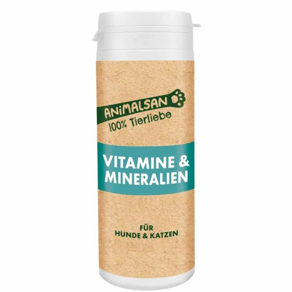 ANIMALSAN Vitamine & Mineralien für Hunde & Katzen: Braune Dose mit weißem Deckel. Enthält Vitamine und Mineralien.