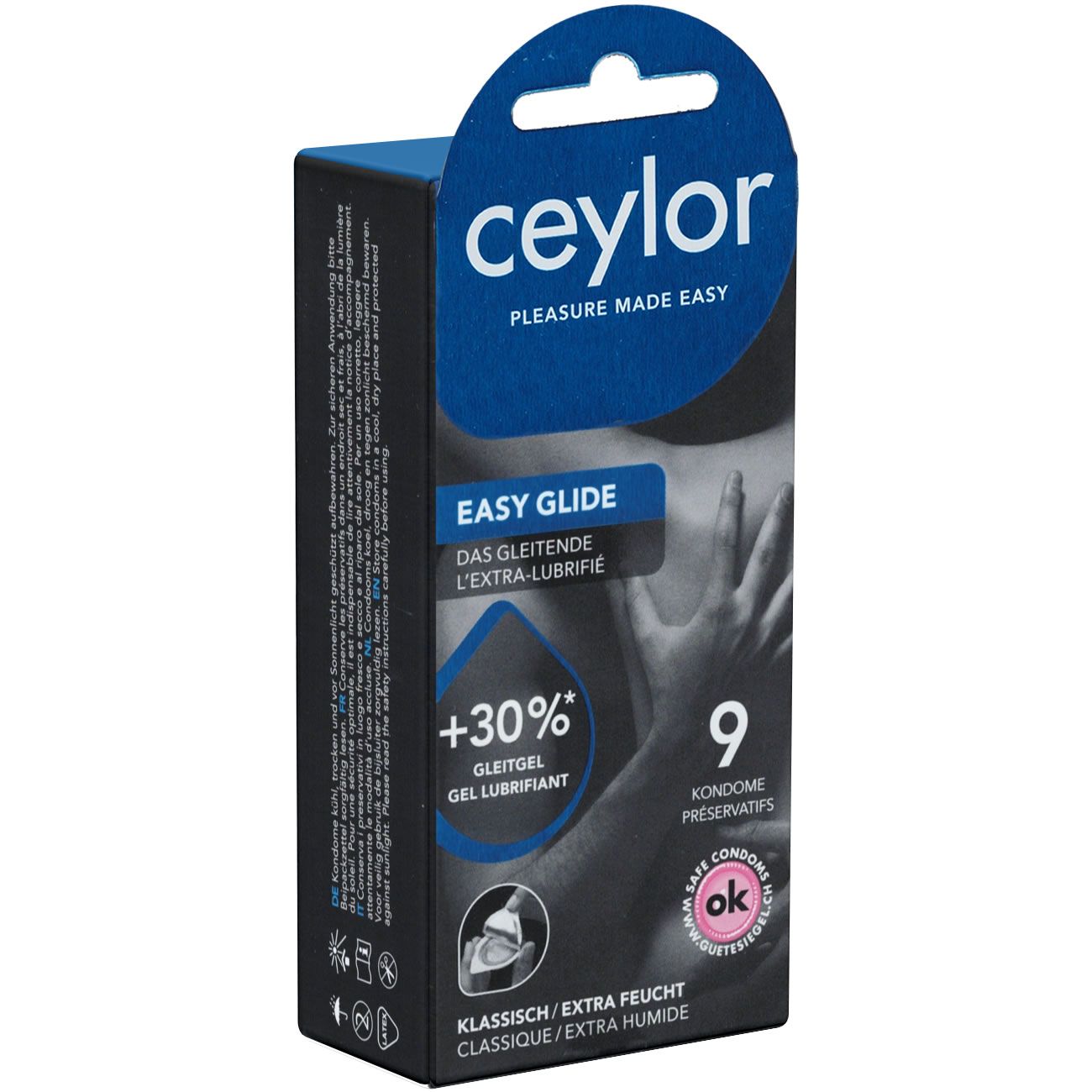 Schwarze Verpackung mit Produktnamen Ceylor und Easy Glide. Enthält 9 Kondome. Aufdruck: +30% Gleitgel, klassisch/extra feucht.
