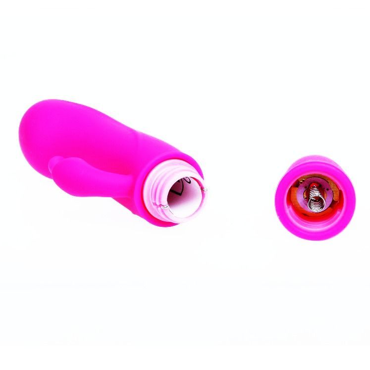 Pinkfarbener Vibrator, zerlegt. Ein Teil mit Batteriefach, ein Teil mit Schraubgewinde. Auf weißem Hintergrund.