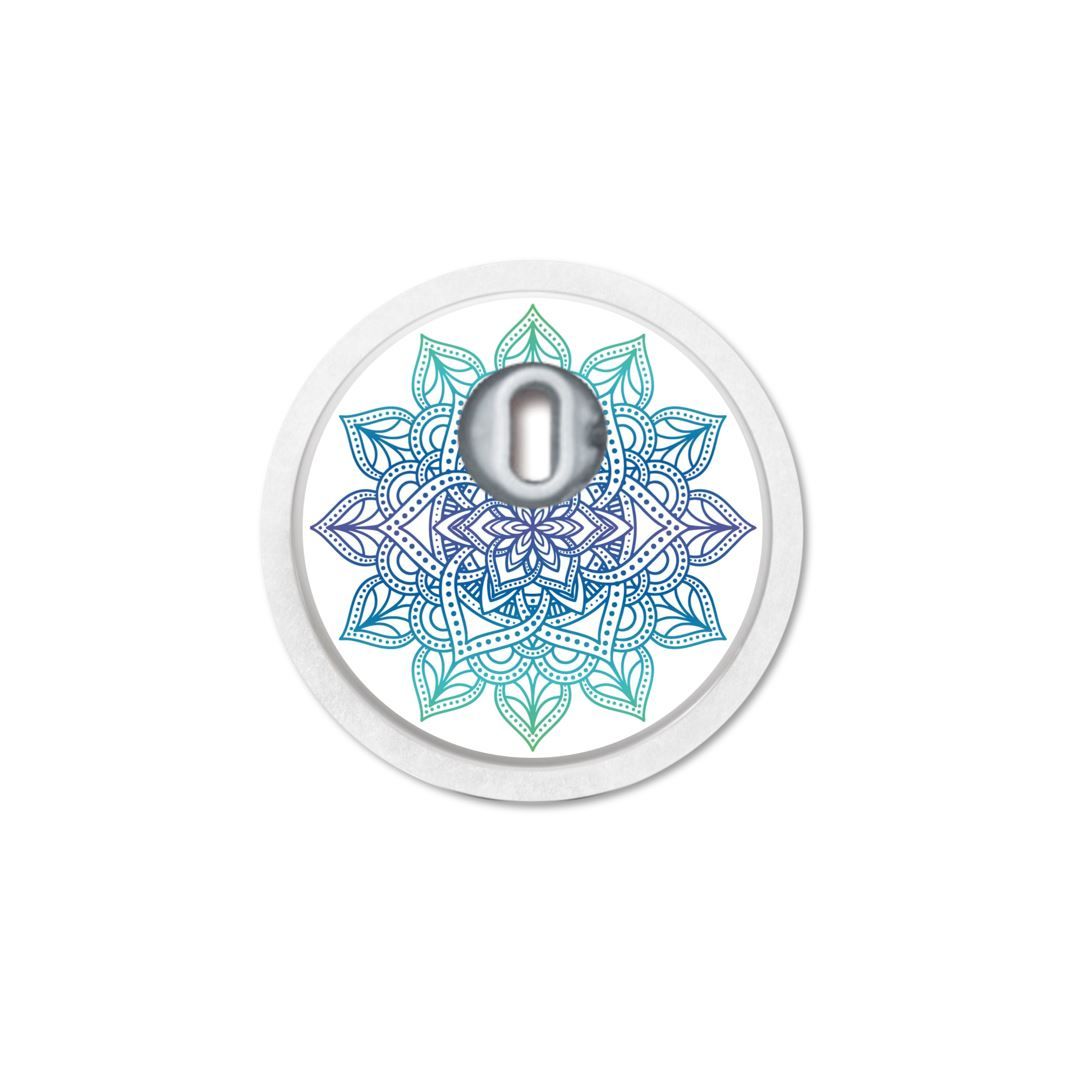 Runder Aufkleber mit Mandala-Design und Sensor in der Mitte. Farbverlauf von Blau nach Grün.