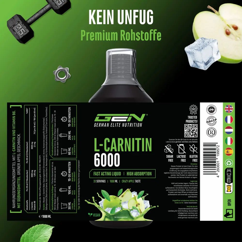 Produktflasche L-Carnitin 6000.  Enthält 1000 ml,  mit Text: GEN German Elite Nutrition, L-Carnitin 6000, Fast Acting Liquid, High Absorption, Vegan.