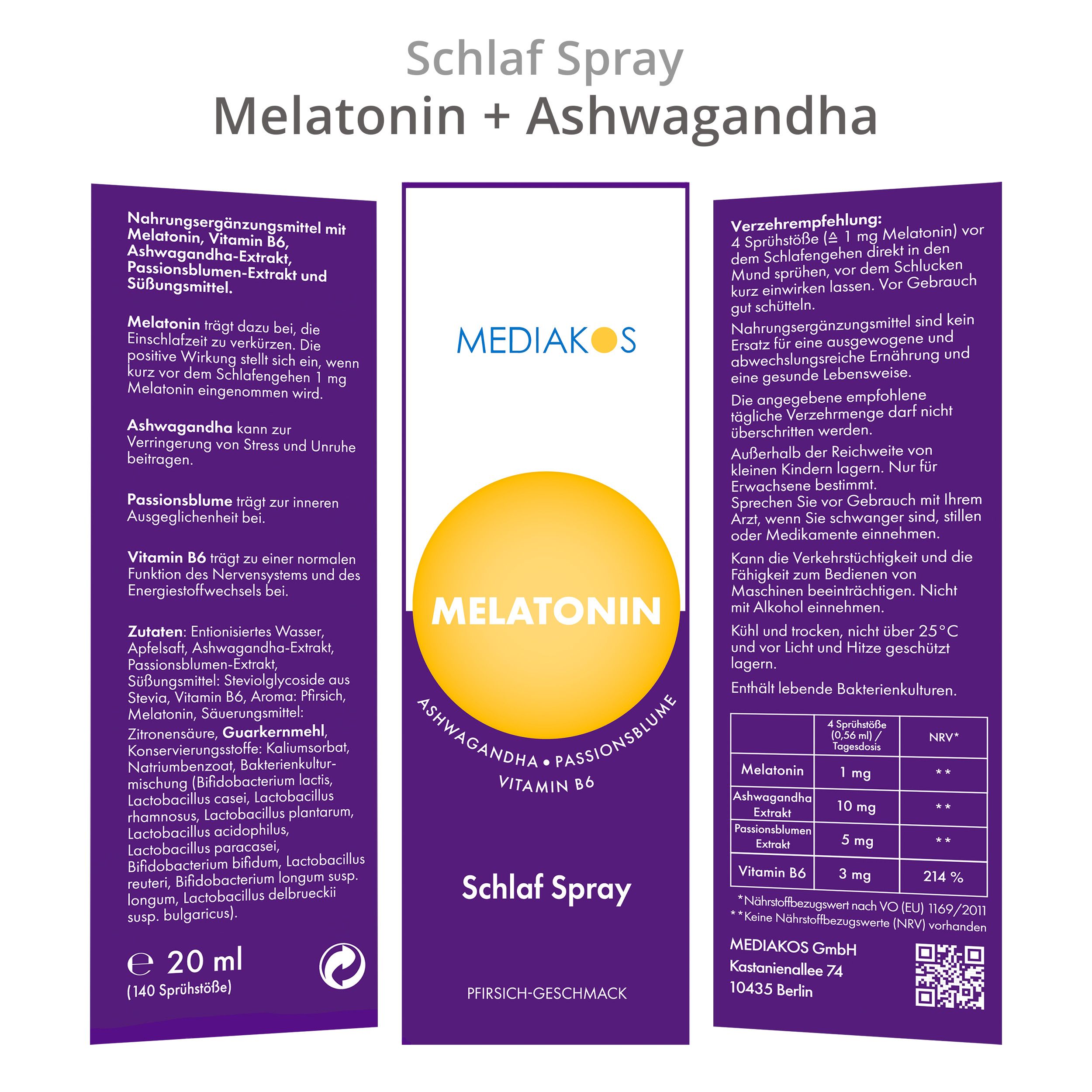 Verpackung mit Text und Inhaltsstoffen. Melatonin, Ashwagandha, Passionsblume, Vitamin B6. 20 ml. Inhaltsstoffe und Nährwerttabelle.