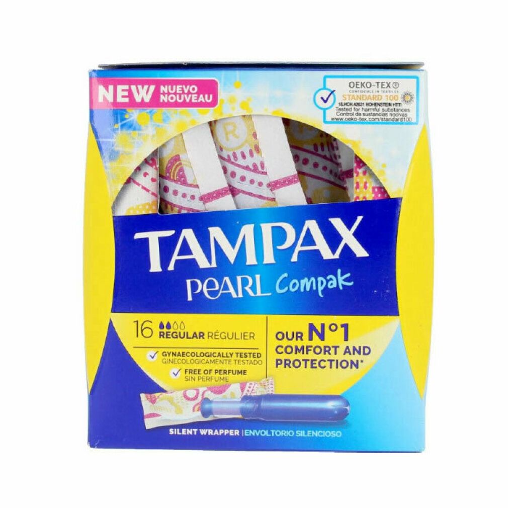 Verpackung mit Tampons. Marke: Tampax Pearl Compak. 16 Stück, Regular. Mit Oeko-Tex-Zertifizierung. Gynaekologisch getestet.