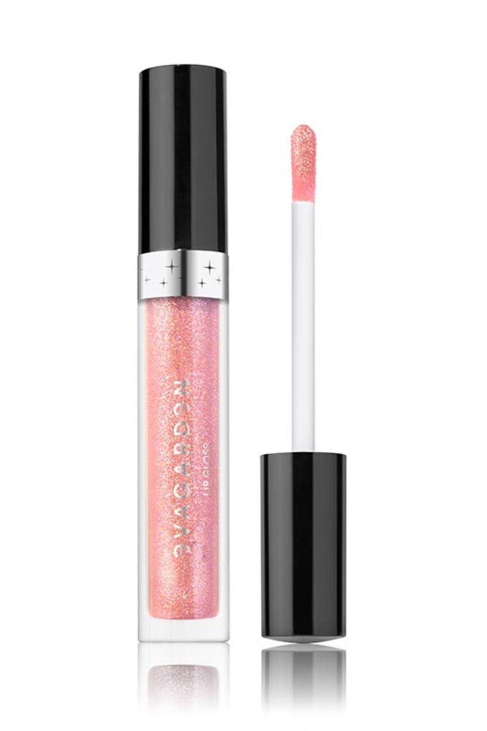 Lipgloss-Tube, rosa schimmernd, schwarzer Deckel, Applikator. Text: "MACADAMIA LIP GLOSS".