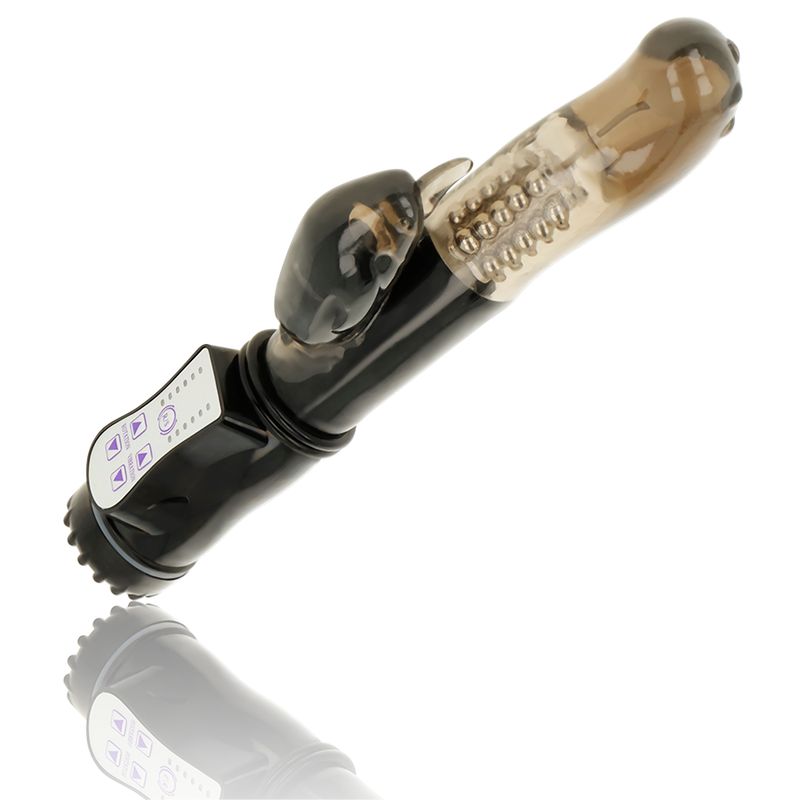 Schwarzer Vibrator mit transparentem Kopf und Noppen. Bedienfeld mit Tasten. Auf glänzendem Untergrund.