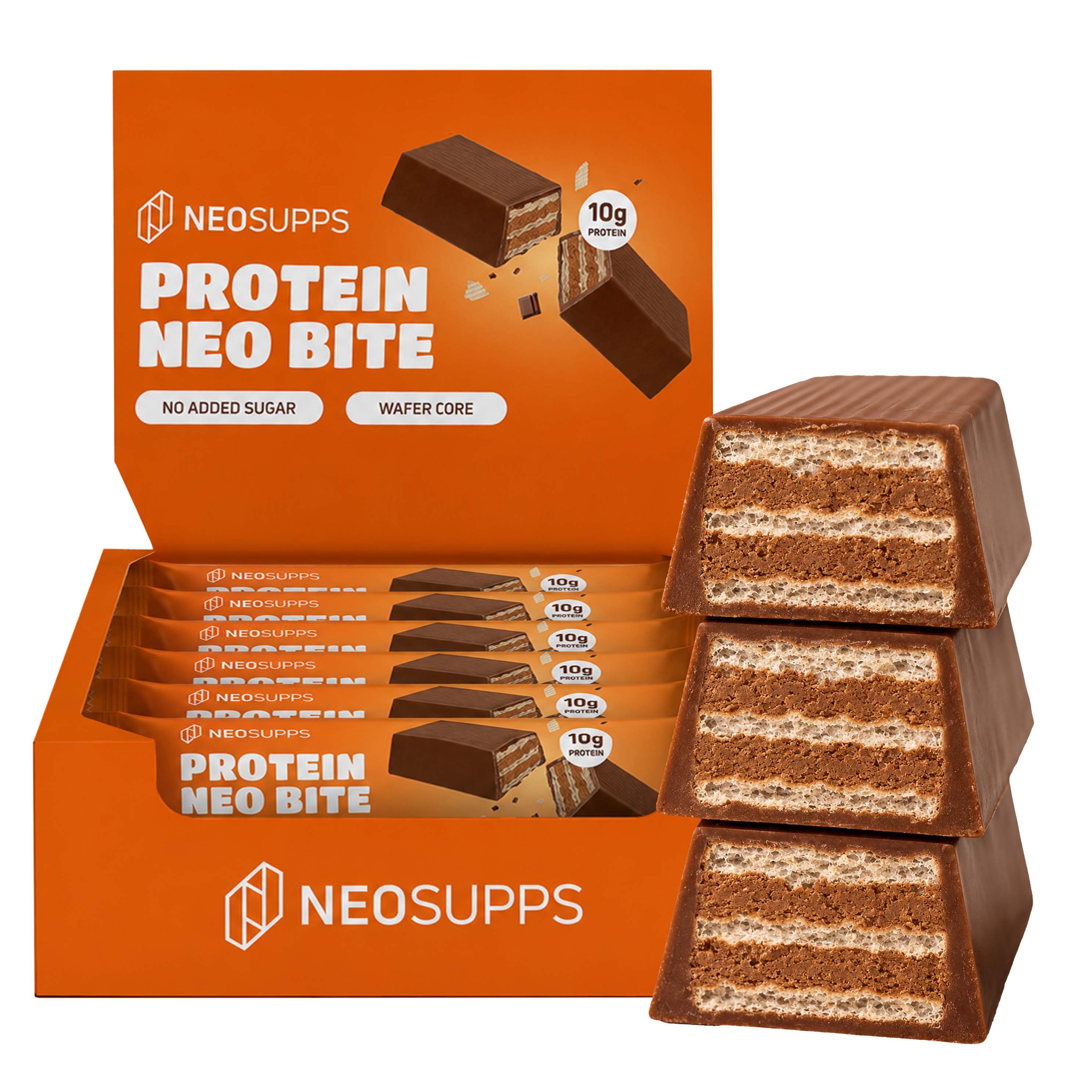 Schachtel mit 12 Neosupps NeoBite Proteinriegeln, Schoko-Waffel-Geschmack.