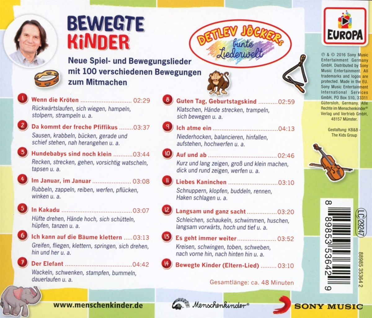 Rückseite der CD "Bewegte Kinder". Titelliste, Detlev Jöcker, Logos "Europa" und "Sony Music".