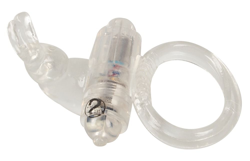 Transparenter Penisring mit Hasen-Aufsatz und Klitorisreizer. Ringförmig, mit Vibrationsmodul.