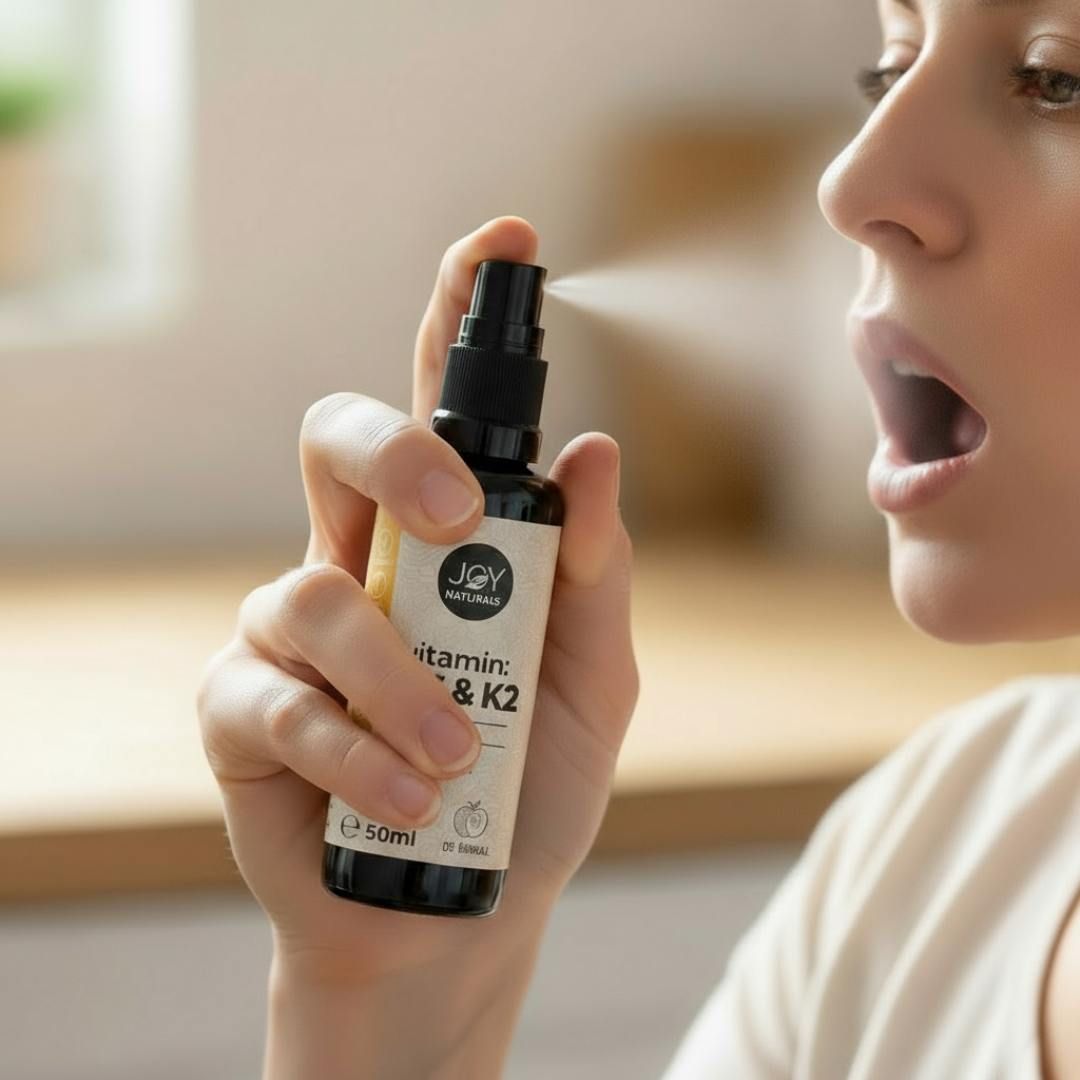 Braune Flasche mit Sprühkopf. Aufschrift: JOY NATURALS Vitamin D3 & K2. Frau sprüht in den Mund.