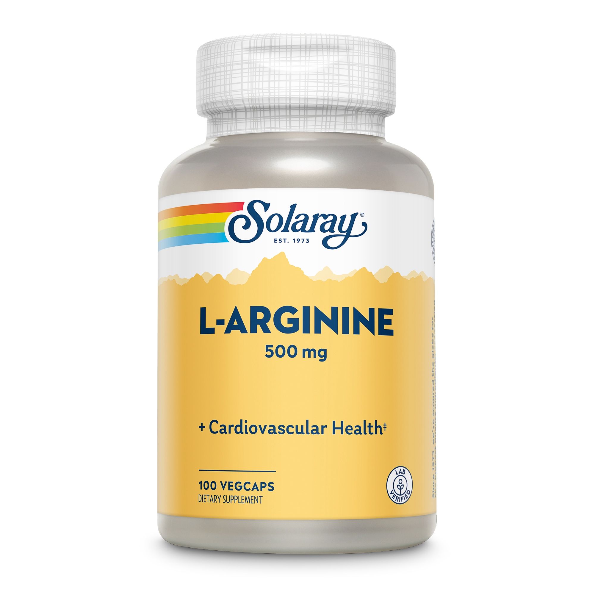 Solaray L-Arginin 500 mg Flasche. 100 Vegicaps. +Cardiovascular Health. Gelbes Etikett mit Regenbogen-Logo.