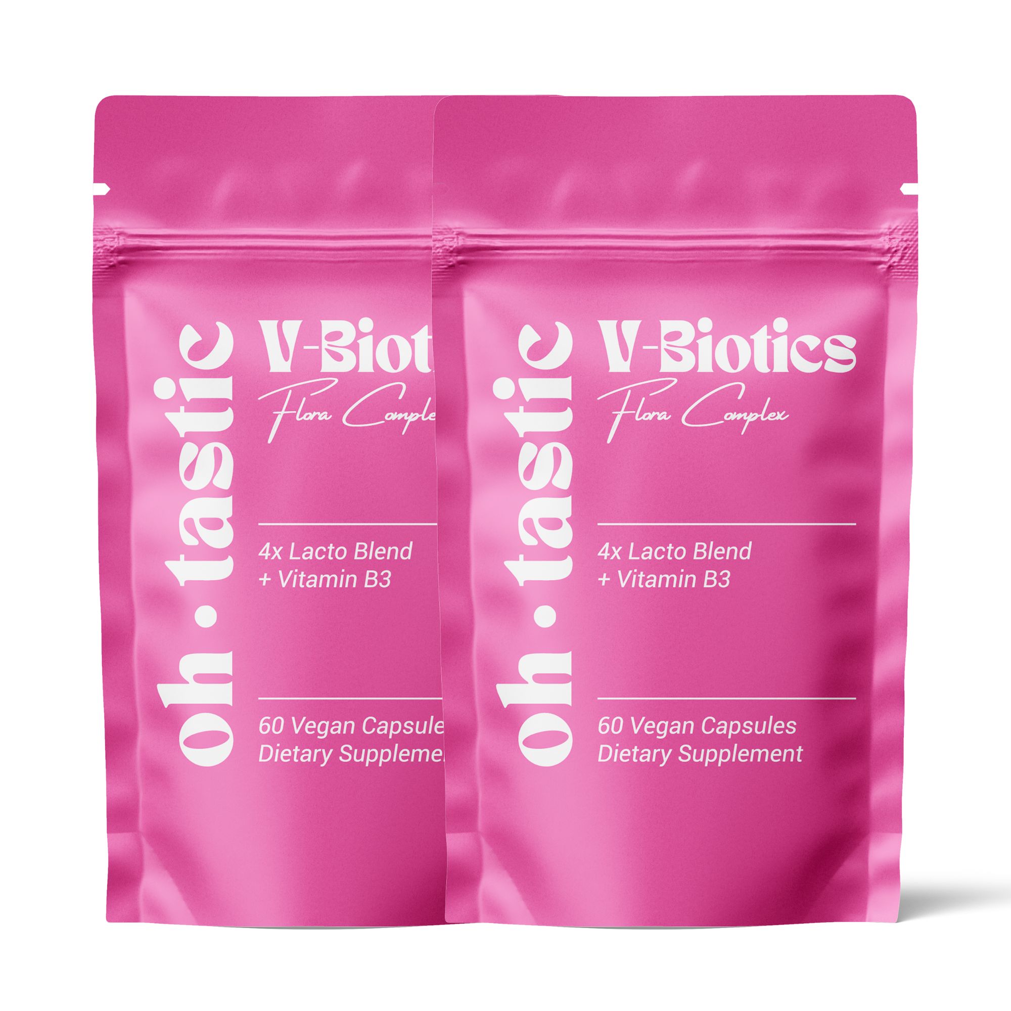 Zwei rosa Beutel mit Produktnamen. Text: 4x Lacto Blend + Vitamin B3. 60 Vegan Capsule Dietary Supplement.