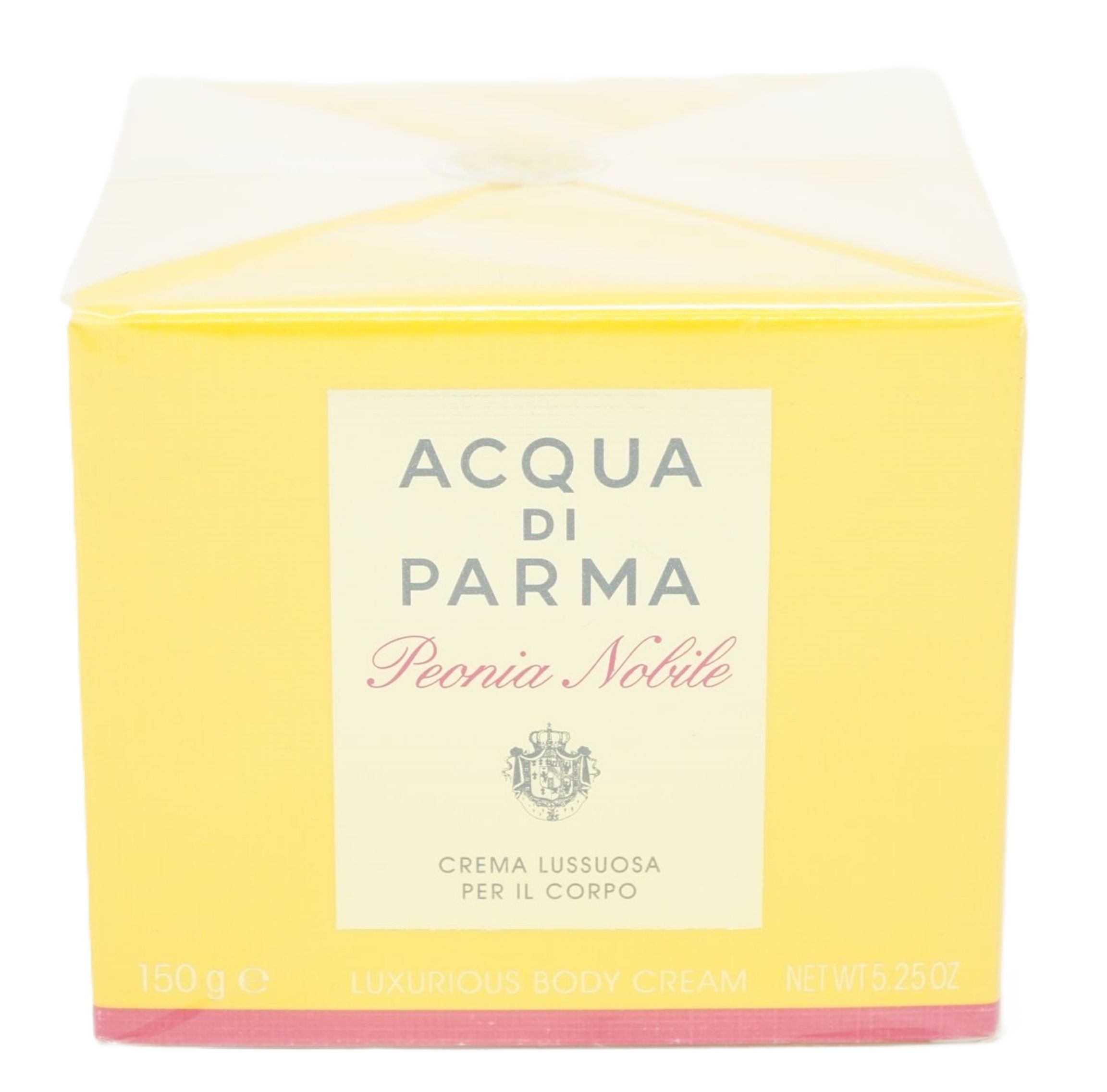 Gelbe Schachtel mit Aufschrift: Acqua di Parma Peonia Nobile. Creme für den Körper. 150g.