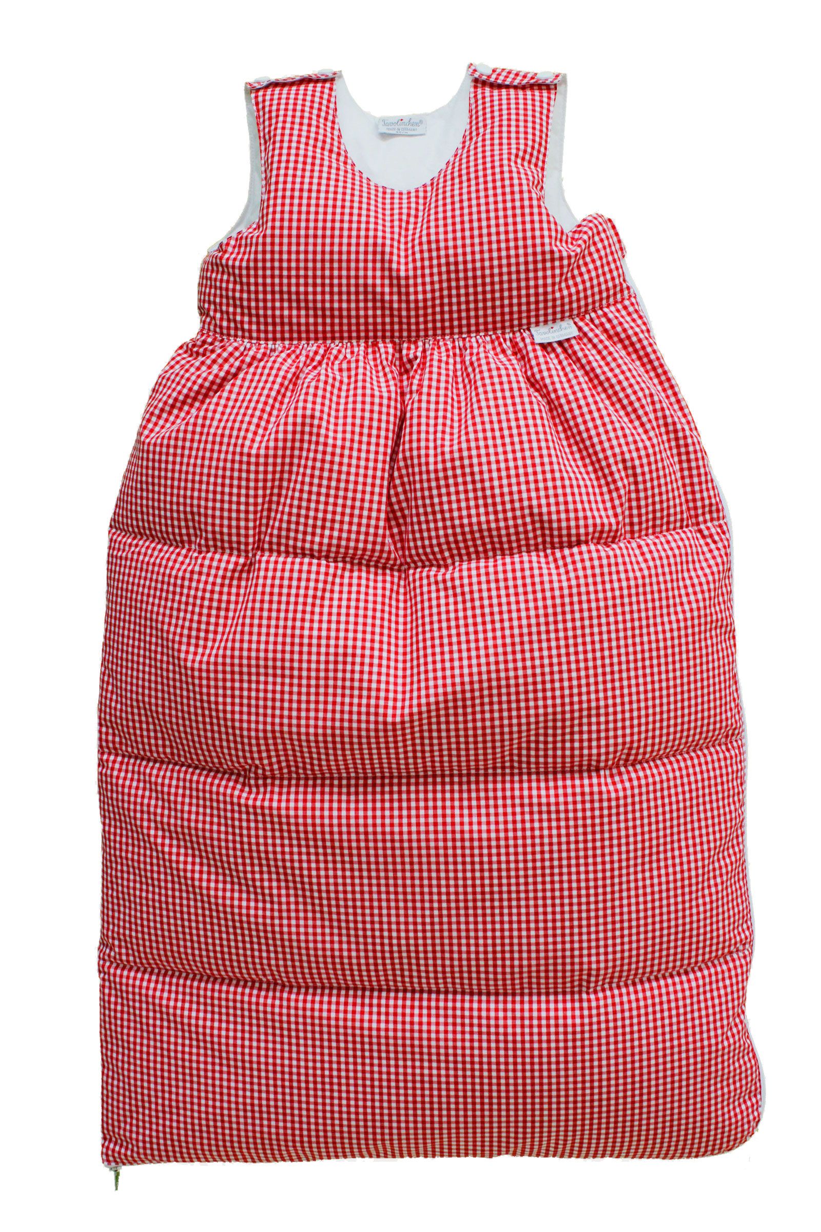 Rot-weiß karierter Daunenschlafsack. Steppoptik, V-Ausschnitt, Reißverschluss unten. Weißes Innenfutter.