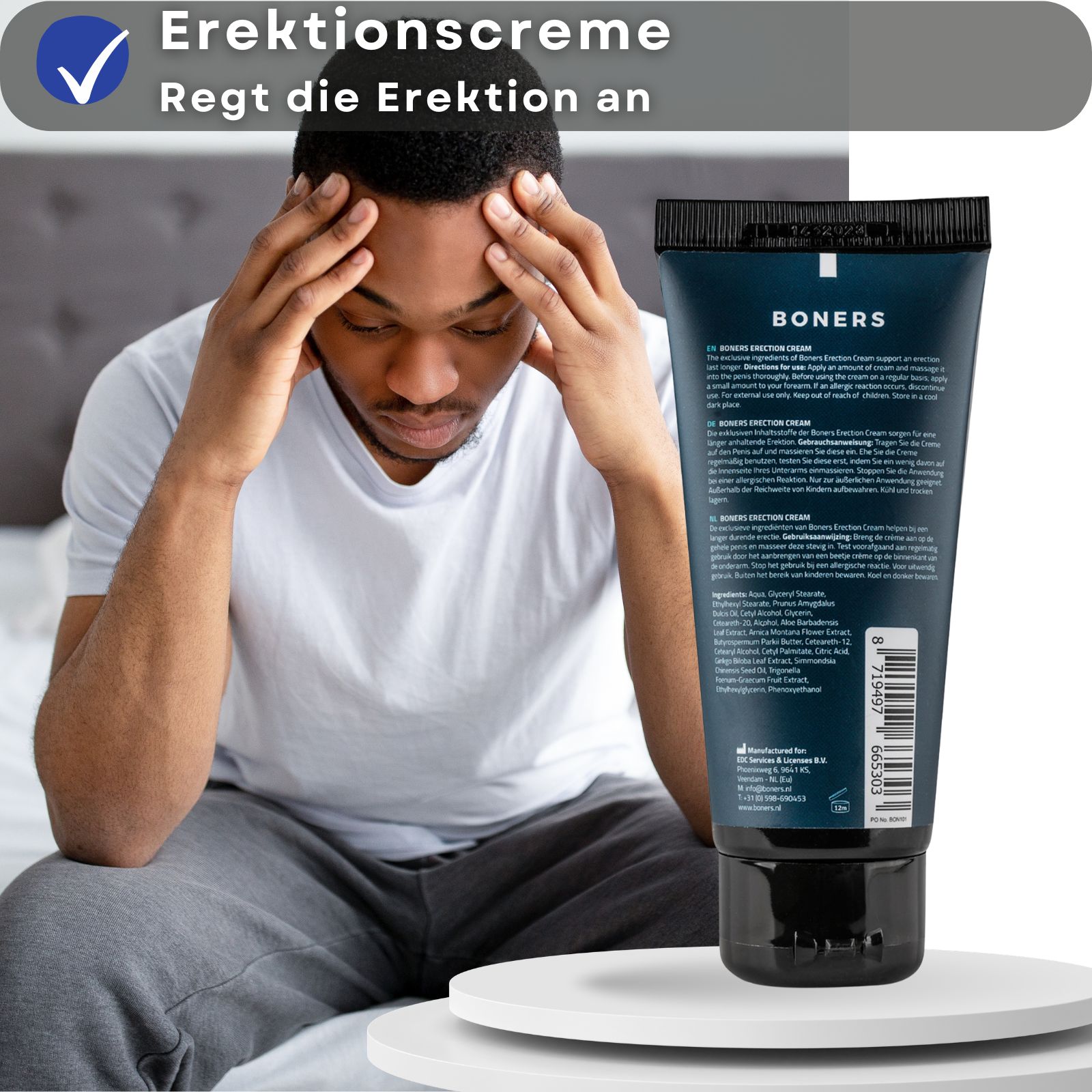 Erektionscreme, blaue Tube. Text: BONERS, ERECTION CREAM, ROCK HARD, 100ml, ESSENTIALS. Mann mit Händen am Kopf.