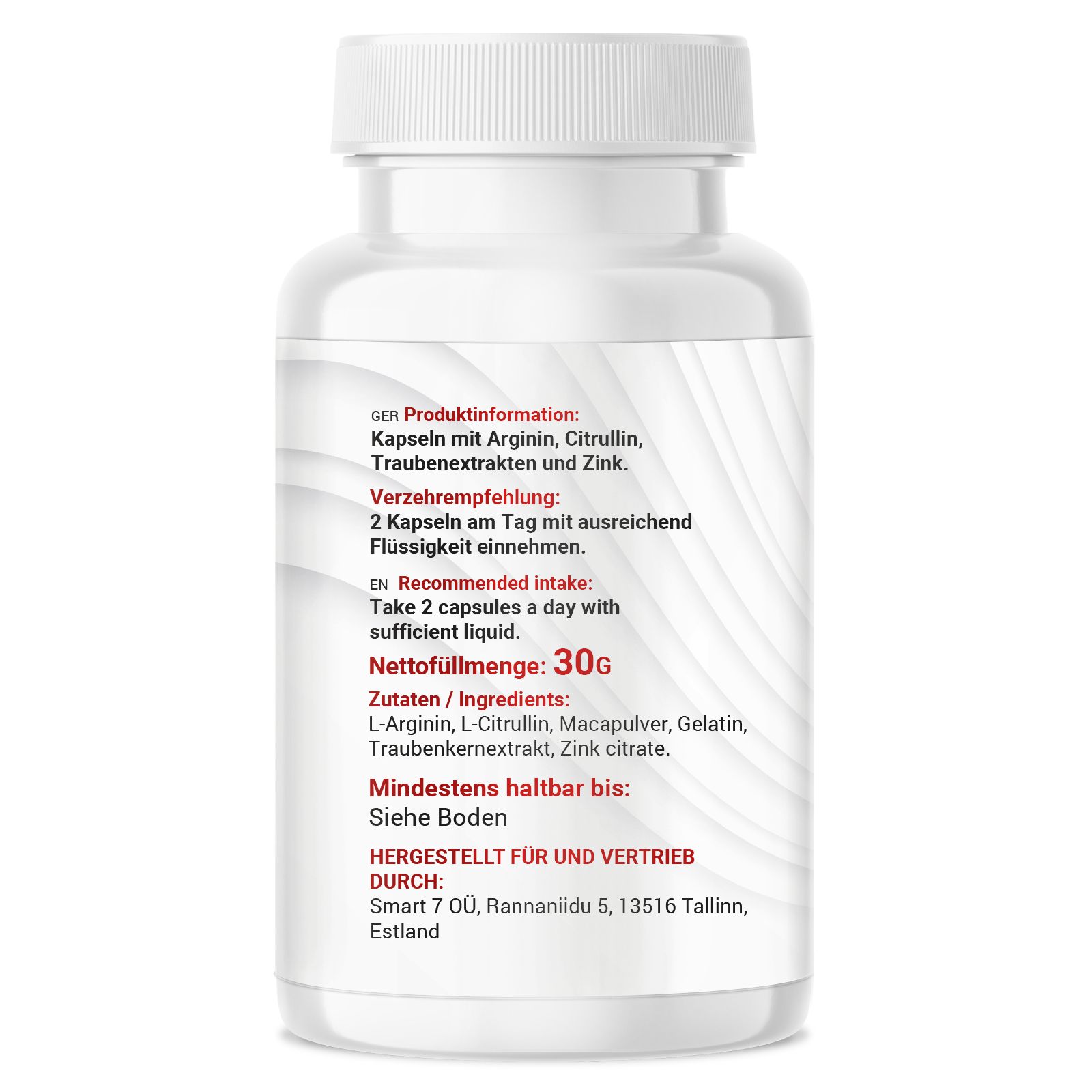 Rückseite einer weißen Flasche mit Produktinformationen. Zutaten, Verzehrempfehlung, Nettogewicht 30g, Herstelleradresse.