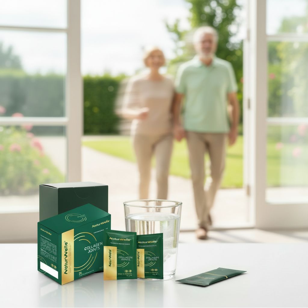 Produktverpackung und Einzelverpackungen von NaturWelle Collagen Joints auf einem Tisch. Ein Glas Wasser und eine geöffnete Packung sind ebenfalls zu sehen.