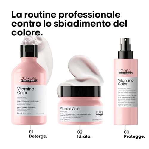 Drei L'Oréal Professionnel Vitamino Color Produkte: Shampoo, Maske und Spray, mit Schritt-für-Schritt-Anleitung.
