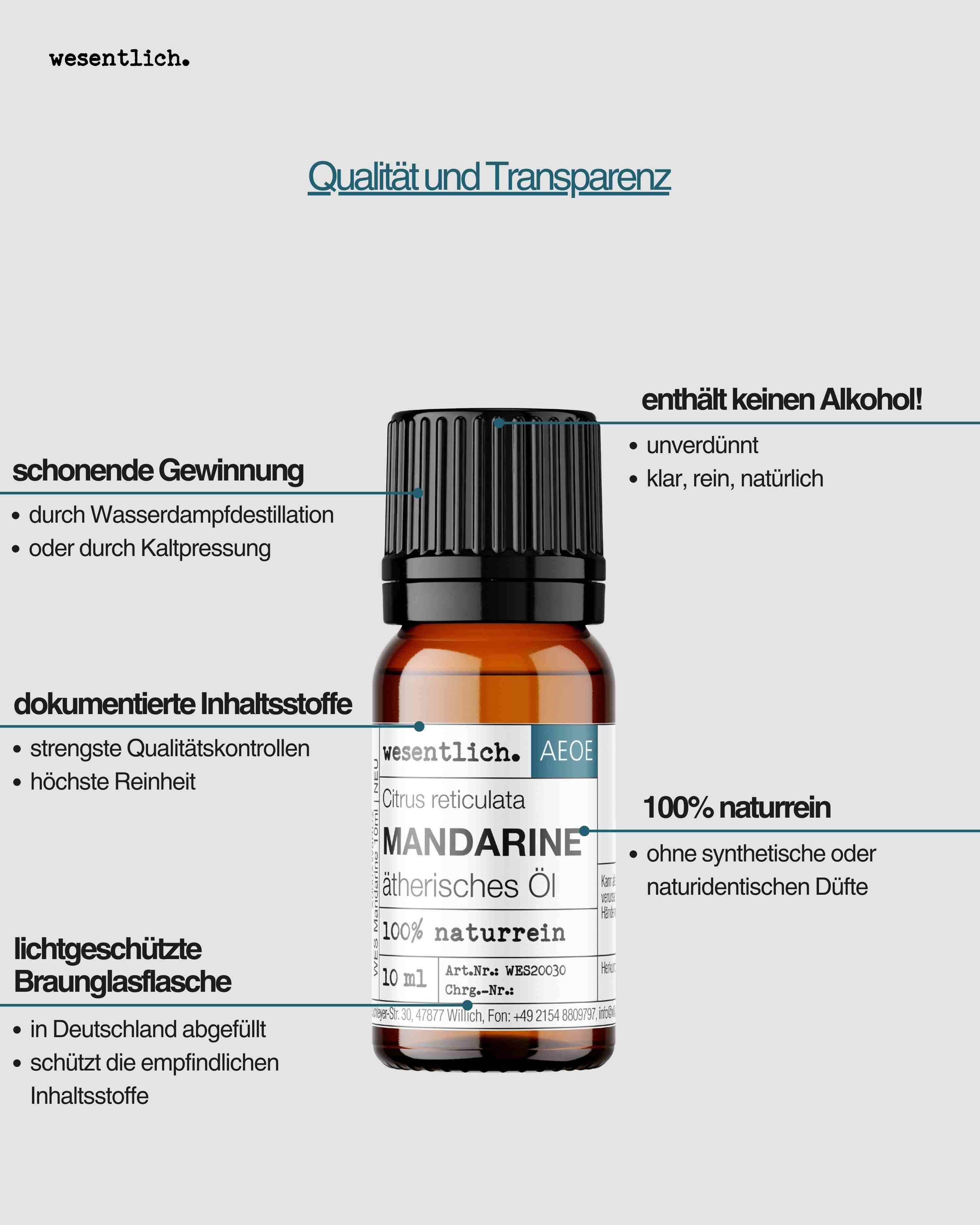 Flasche Mandarine ätherisches Öl mit Etikett und Infoboxen zu Gewinnung, Inhaltsstoffen und Flasche.