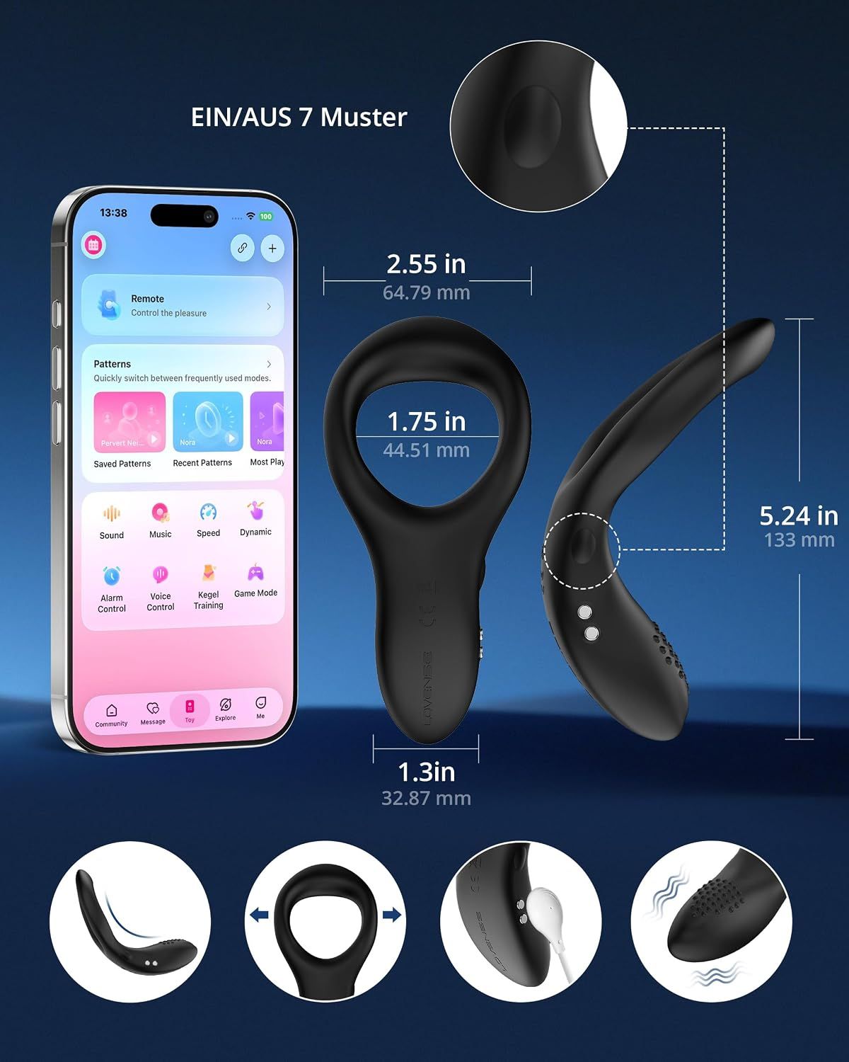 Ein Mann im Wasser hält ein Gerät, daneben eine App und Vibrationsmuster.
