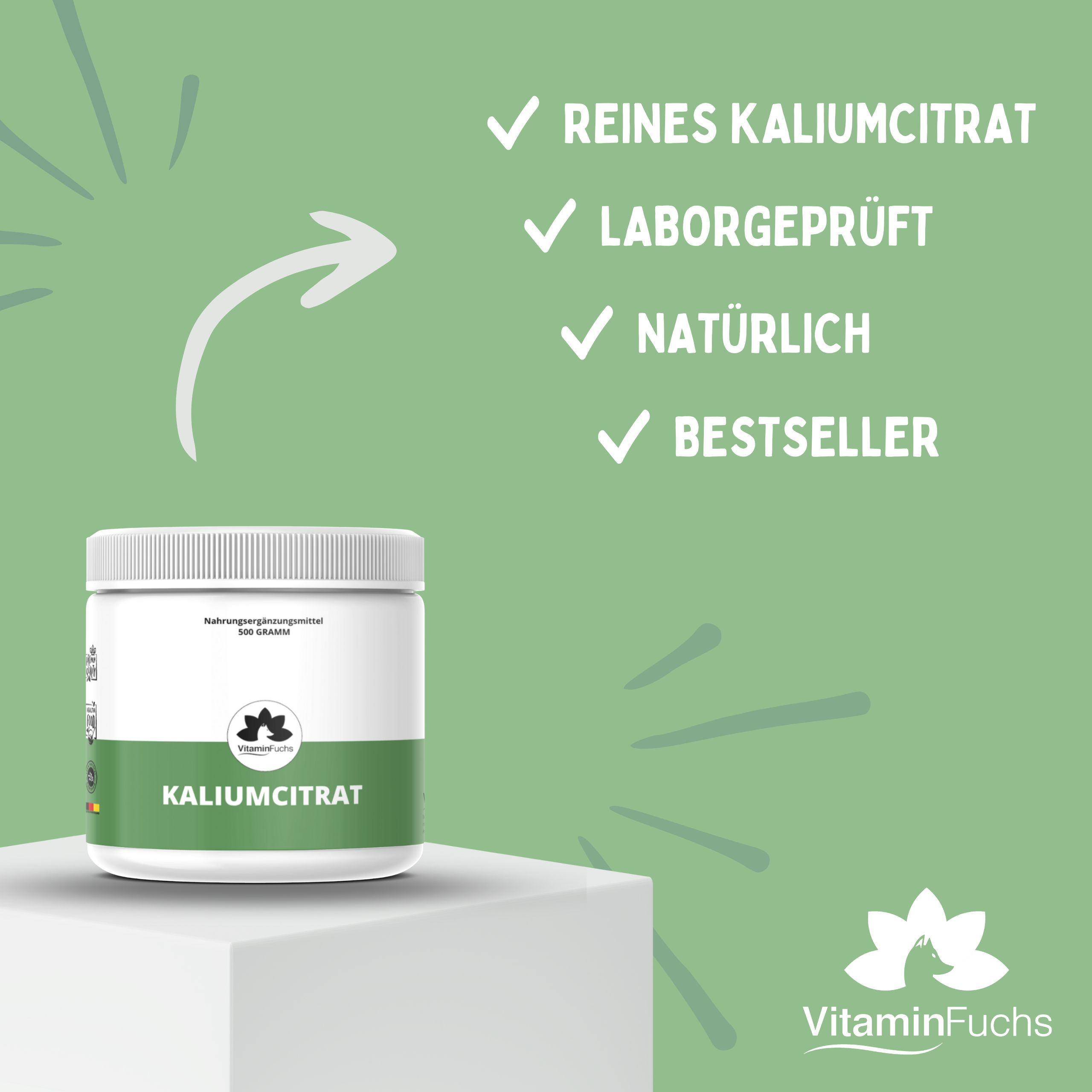 Weißer Behälter mit Kaliumcitrat-Pulver. Text: Reines Kaliumcitrat, laborgeprüft, natürlich, Bestseller. Marke: VitaminFuchs.
