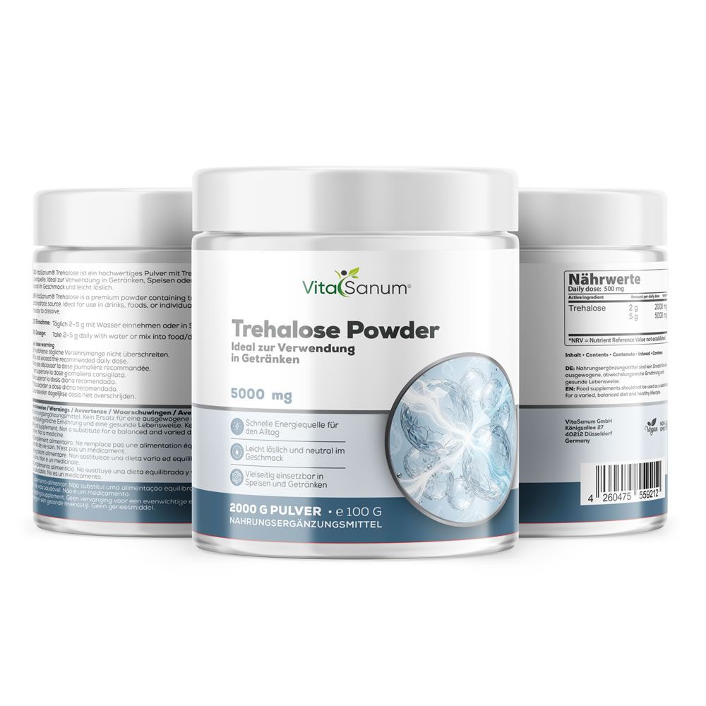 Drei Dosen VitaSanum Trehalose Powder, 100g. Eine Dose zeigt die Vorderseite mit Produktinformationen.