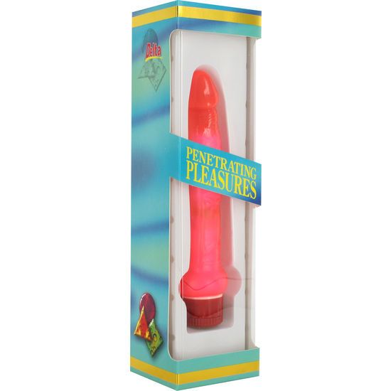 Roter Vibrator in Verpackung. Aufschrift "Penetrating Pleasures". Verpackung mit blauem Hintergrund.