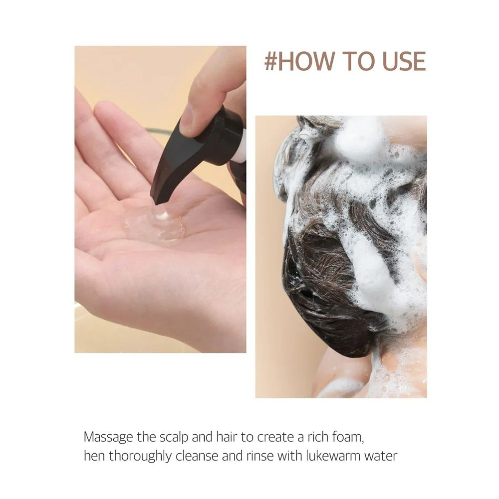 Zwei Bilder: Hand mit Shampoo und Person mit Shampoo im Haar. Text: #HOW TO USE.