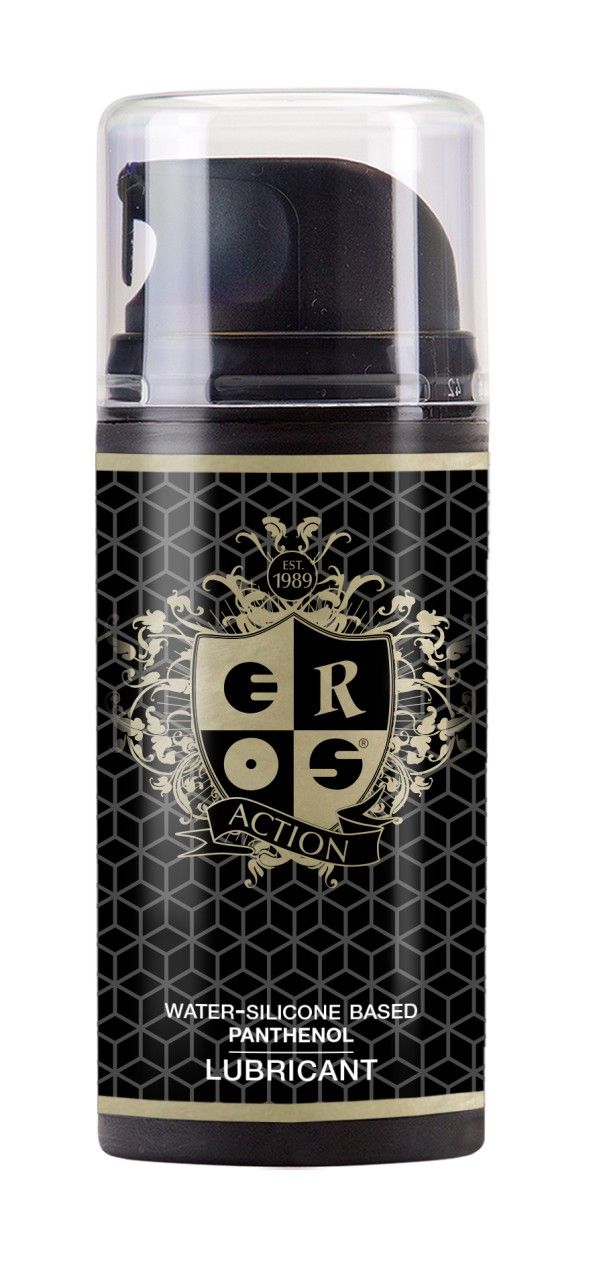 Zylinderförmige Flasche mit schwarzem Etikett. Goldfarbenes Logo mit Schriftzug "EROS Action". Text: "Water-Silicone Based Panthenol Lubricant". Transparenter Deckel.