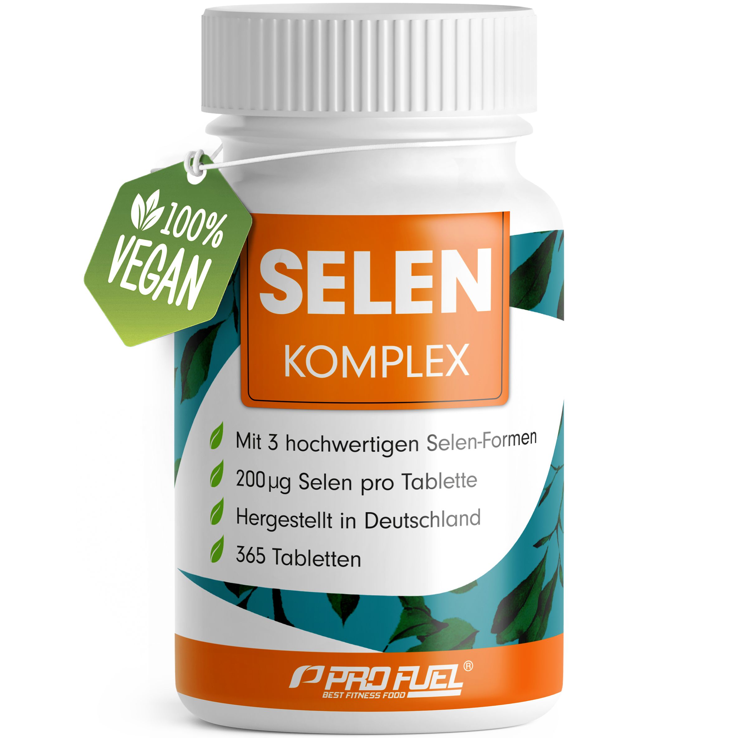 Weiße Flasche Selen Komplex Tabletten mit grünem Anhänger. Aufschrift: 100% vegan. Produktinformationen.