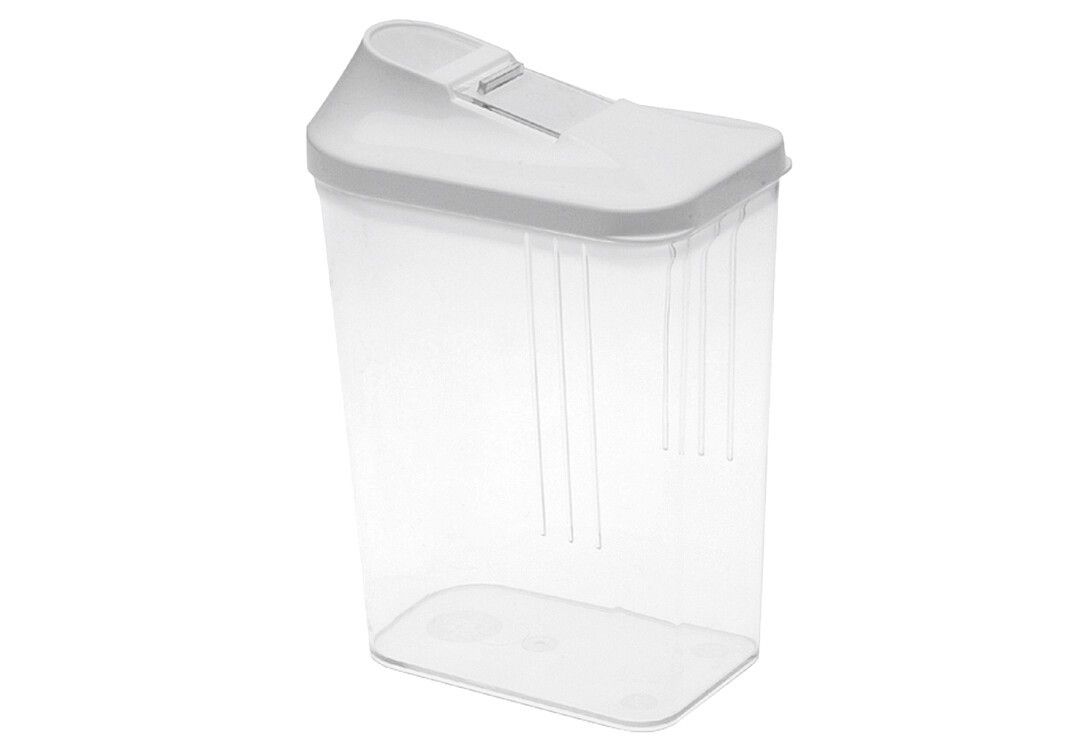 Transparente Schüttdose mit weißem Deckel. Rechteckige Form, leicht geneigt. Deckel mit Öffnung und Verschluss. Kunststoff.