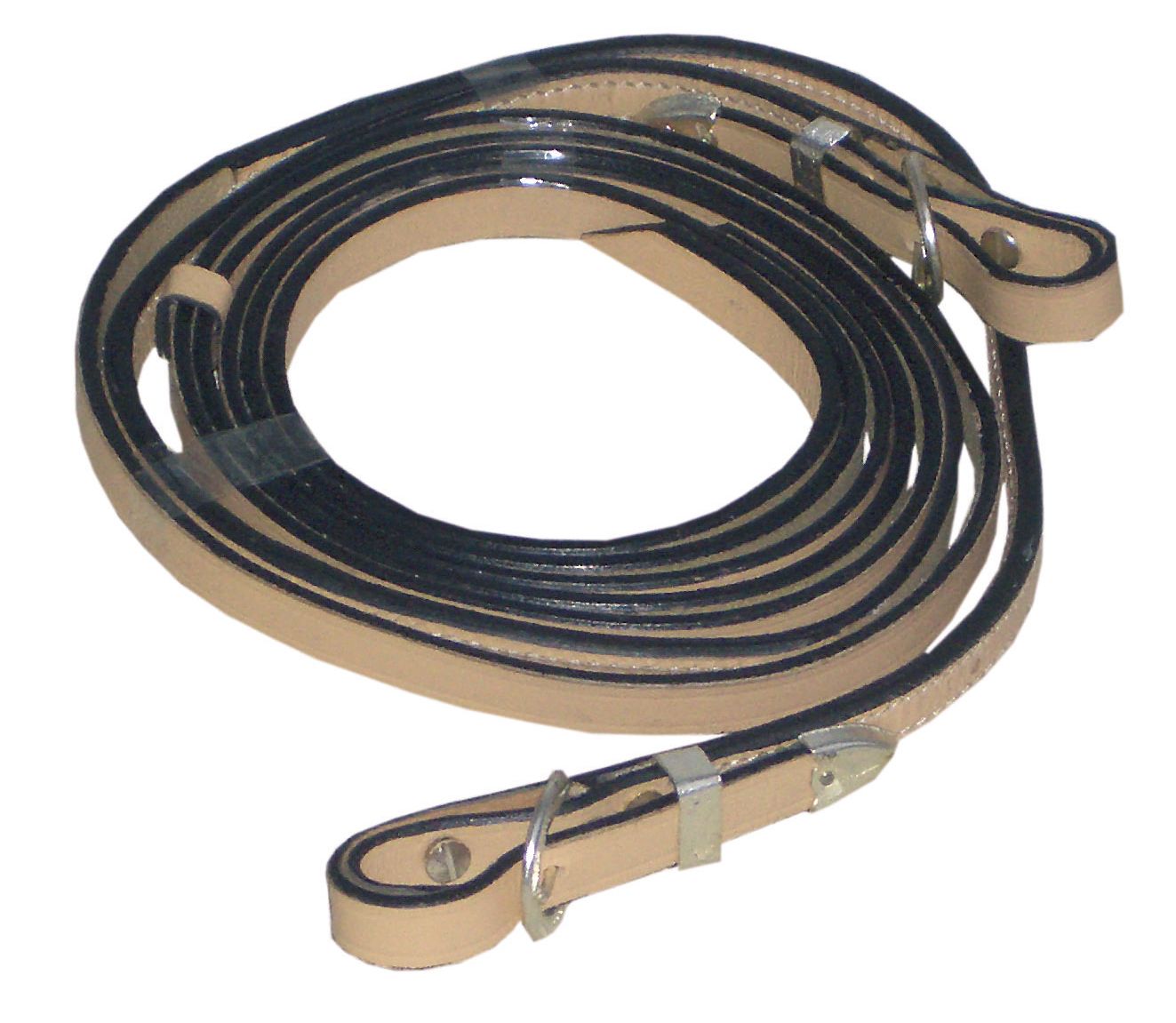 Lederzügel, hellbraun mit schwarzen Rändern, Metallringe.