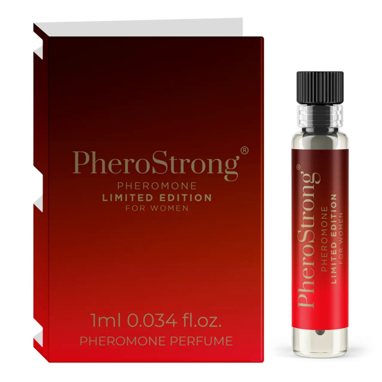 Rote Schachtel und Flakon. Aufschrift: PheroStrong Pheromone Limited Edition für Frauen. 1ml.