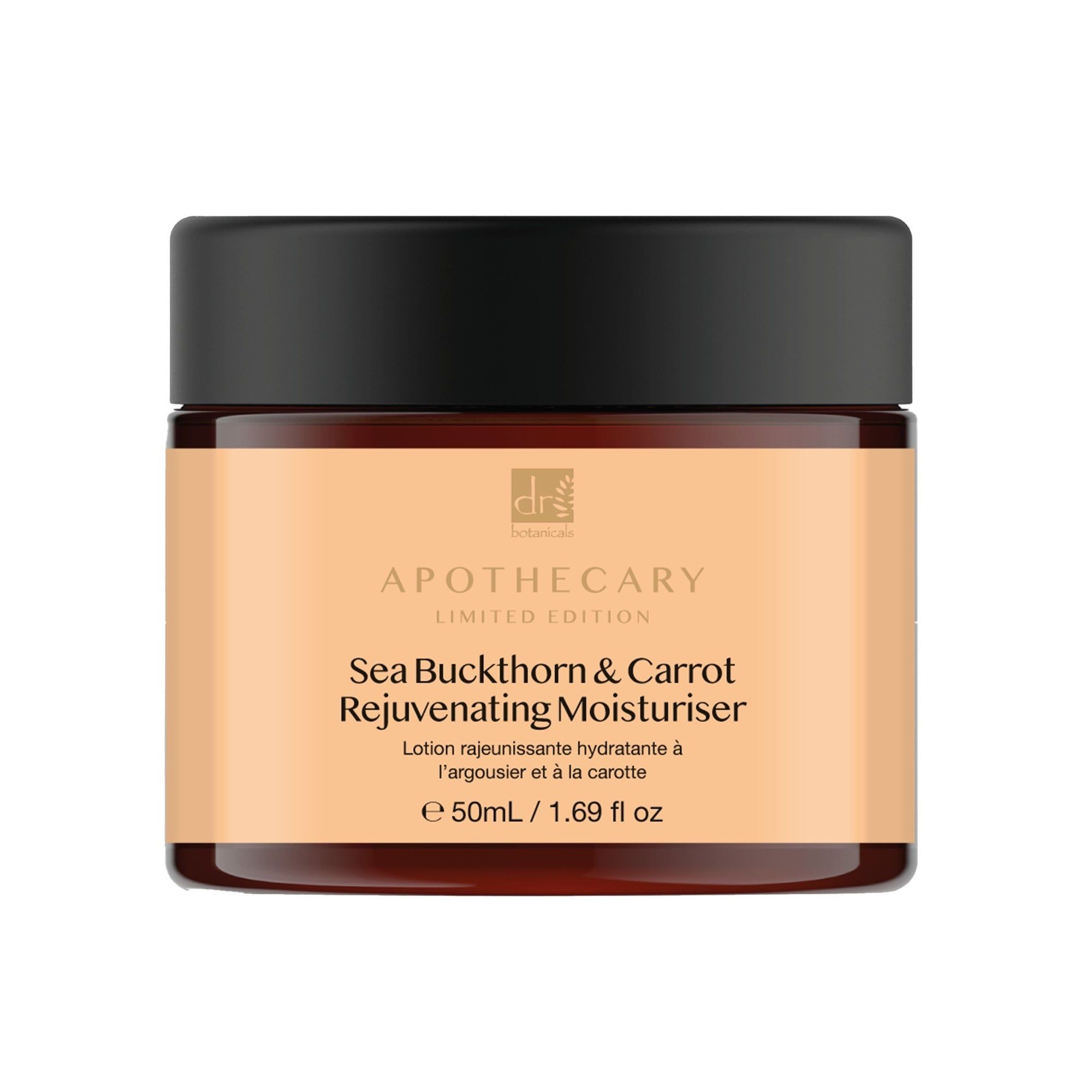 Braune Creme-Dose mit schwarzem Deckel. Aufschrift: Sea Buckthorn & Carrot Rejuvenating Moisturiser. Apothecary Limited Edition.
