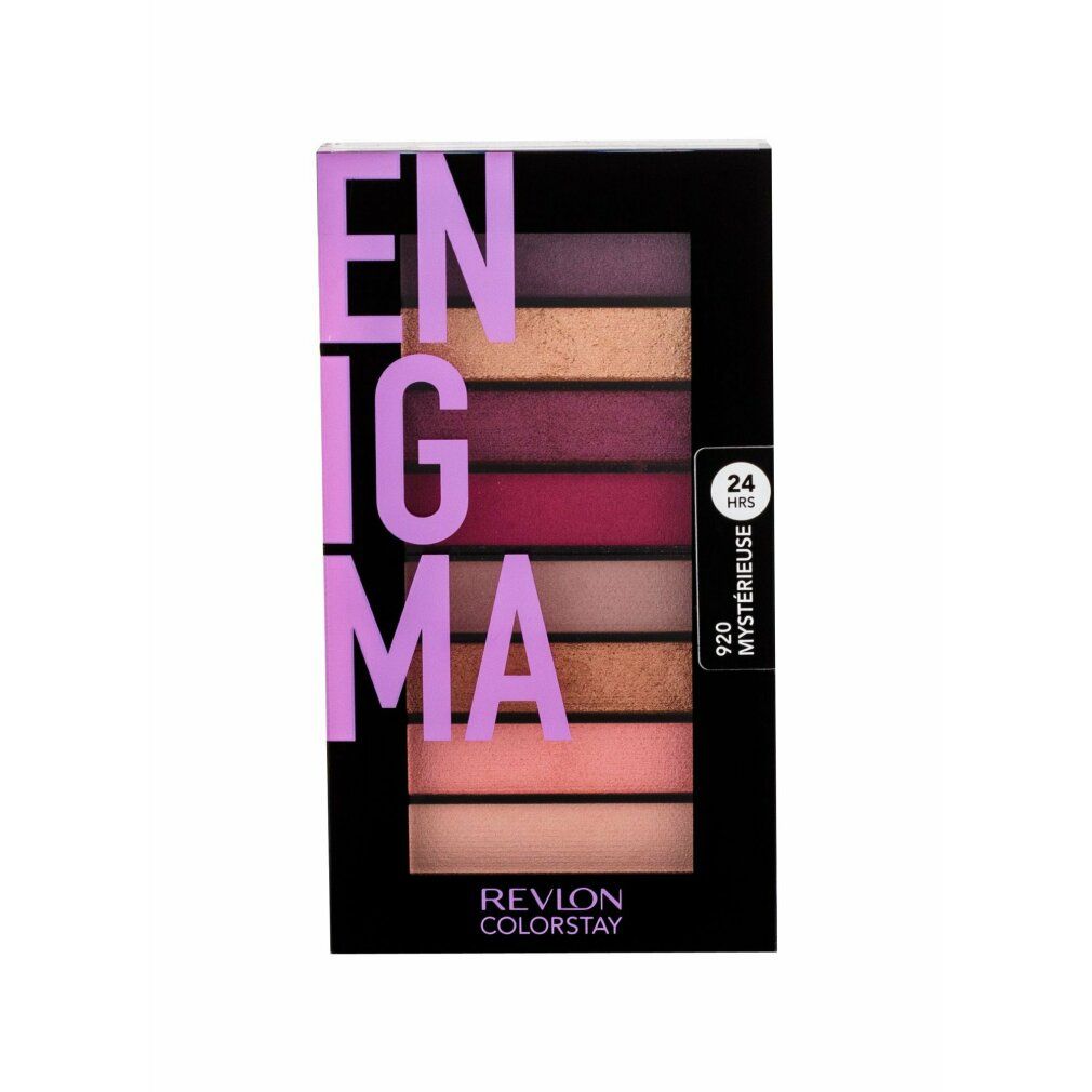 Lidschatten-Palette mit 8 Farbtönen. Schwarze Verpackung mit lila Schriftzug "ENIGMA". Marke: Revlon Colorstay. Mit 24H-Logo.