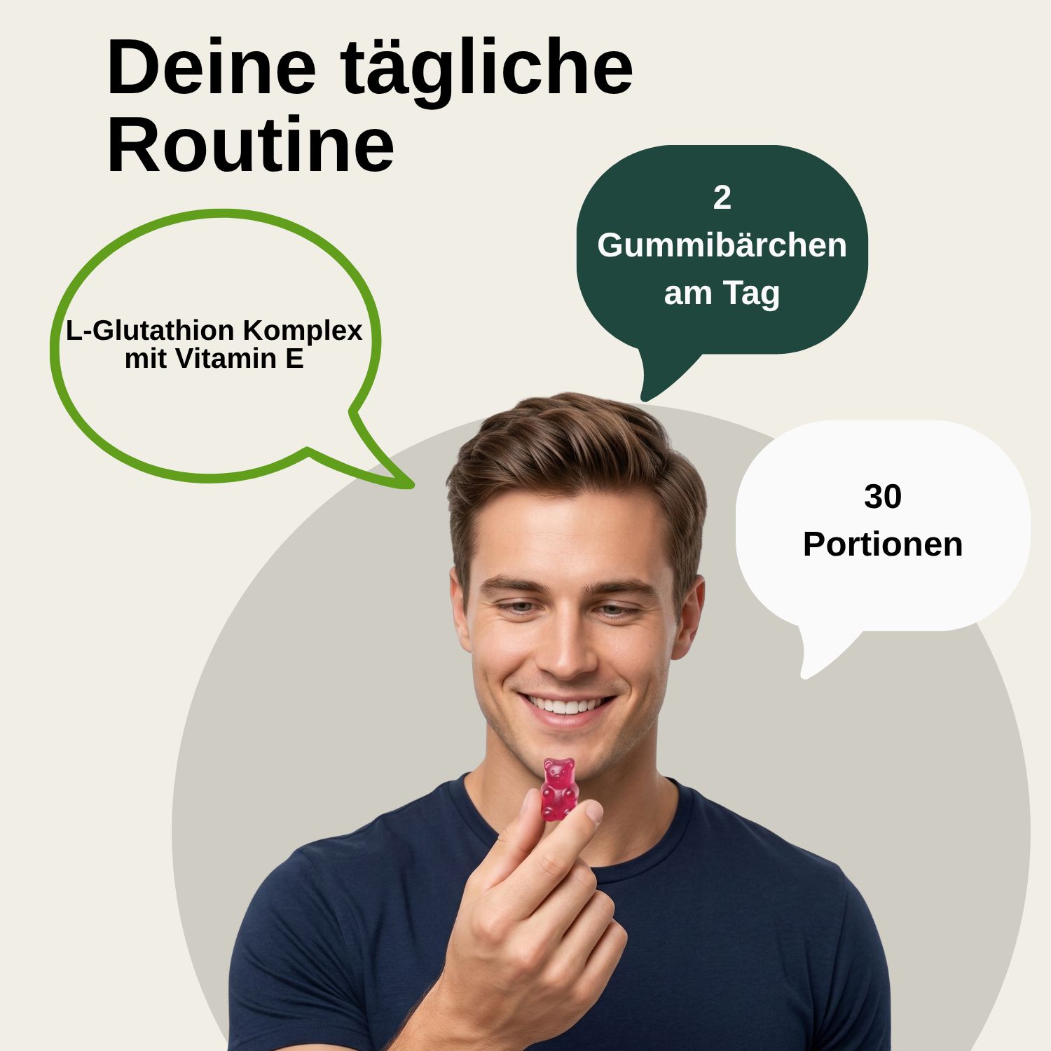 Mann hält rosa L-Glutathion Gummibärchen, tägliche Routine, 2 Gummibärchen, 30 Portionen.