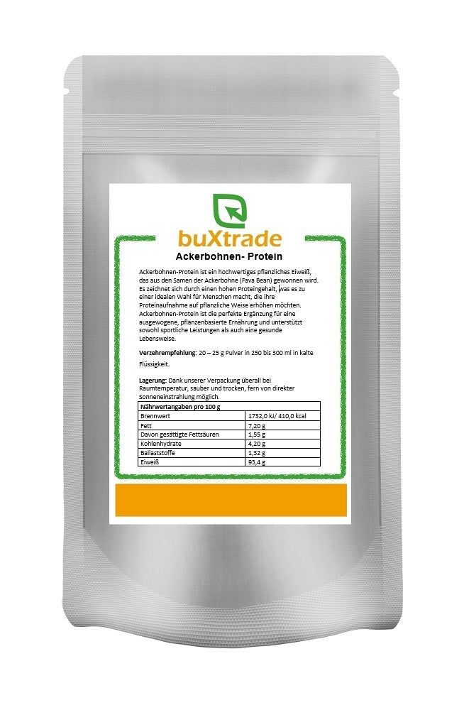Beutel mit buXtrade Ackerbohnen-Protein. Aufdruck mit Nährwertangaben und Produktinformationen. Grün umrandetes Etikett.