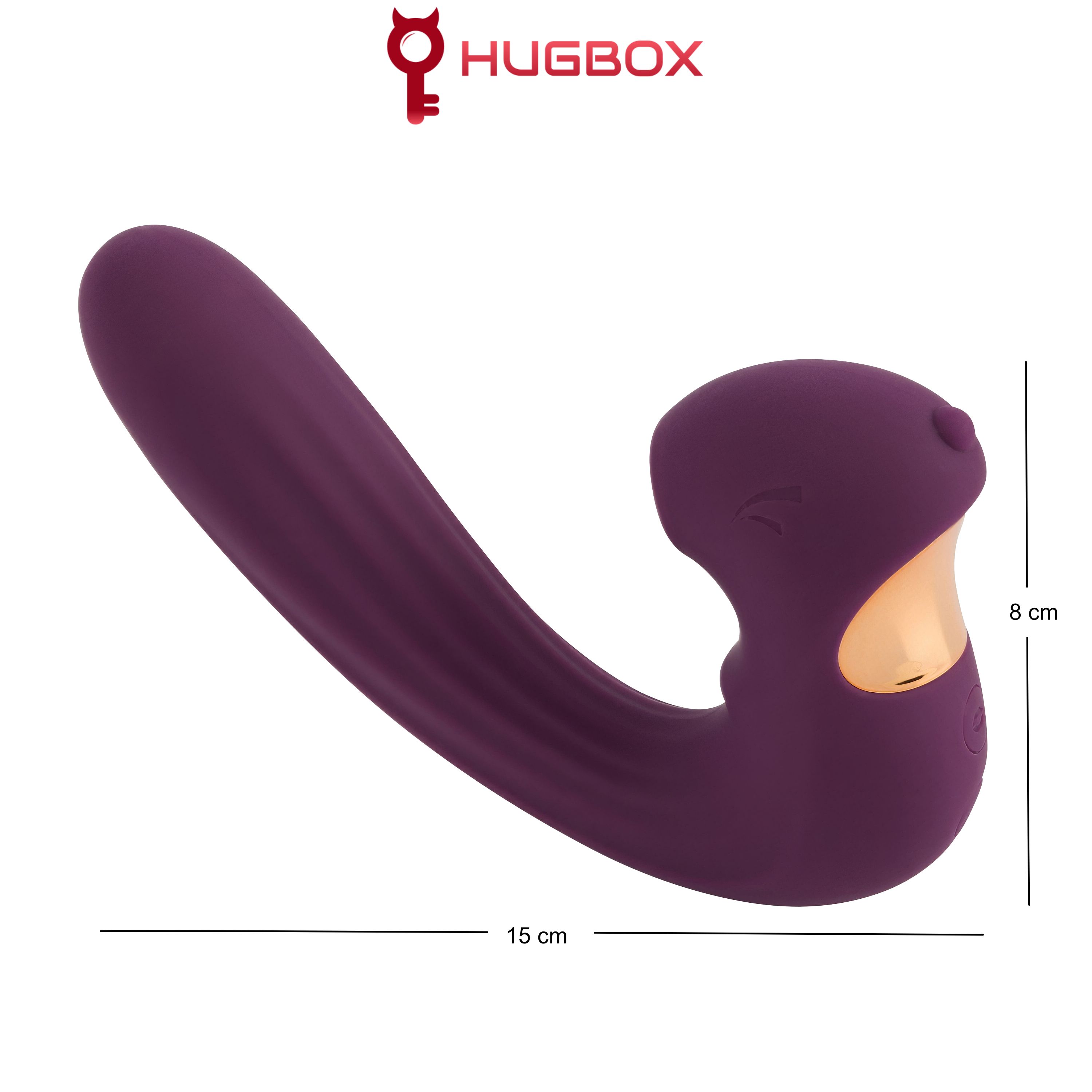 Lila Vibrator mit geschwungener Form. Goldfarbene Akzente. Maße: 15 cm x 8 cm. HUGBOX Logo.