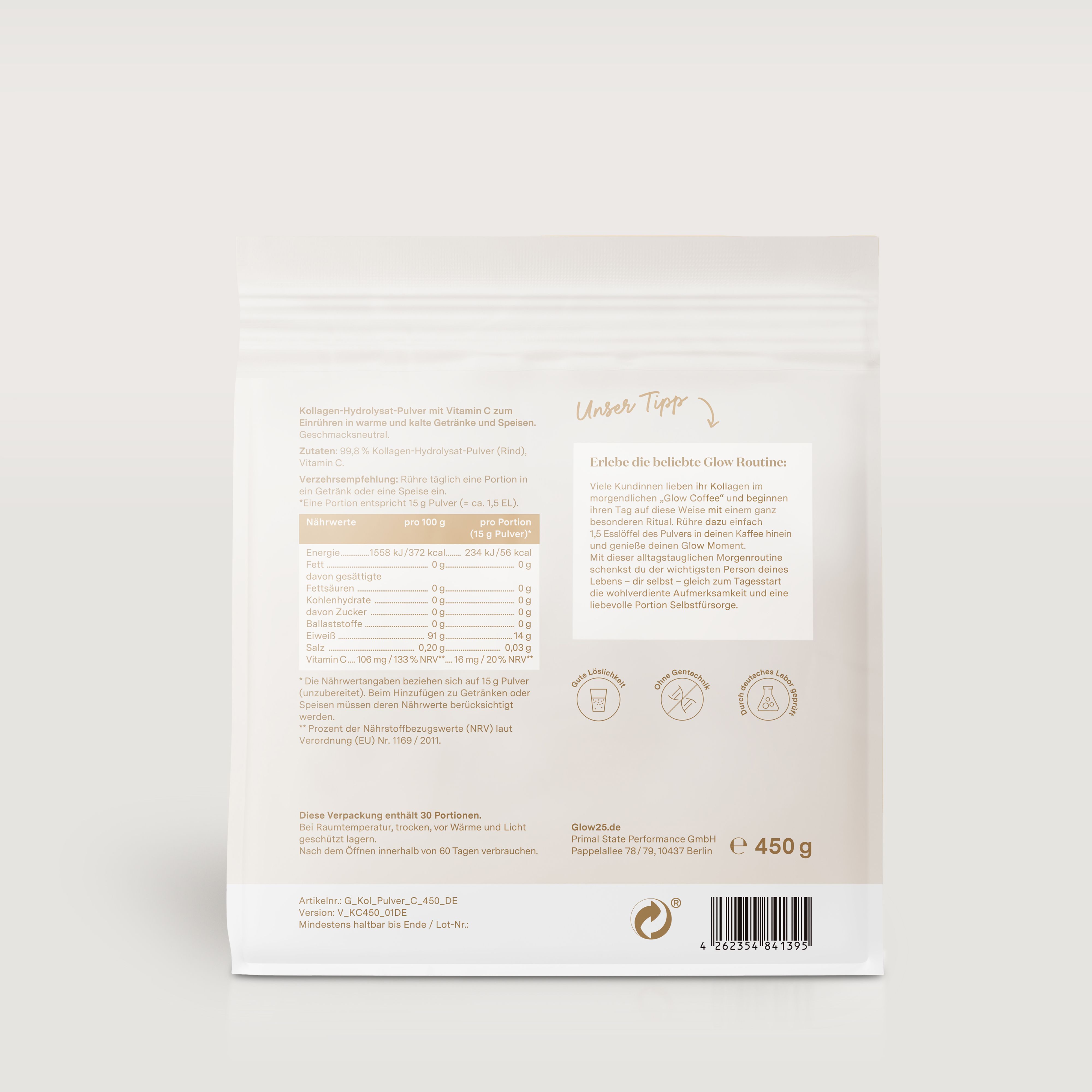 Rückseite des Beutels Glow25® Kollagen Pulver. Text: Nährwertangaben, Inhaltsstoffe, Verzehrempfehlung, Kontaktinformationen, 450g.