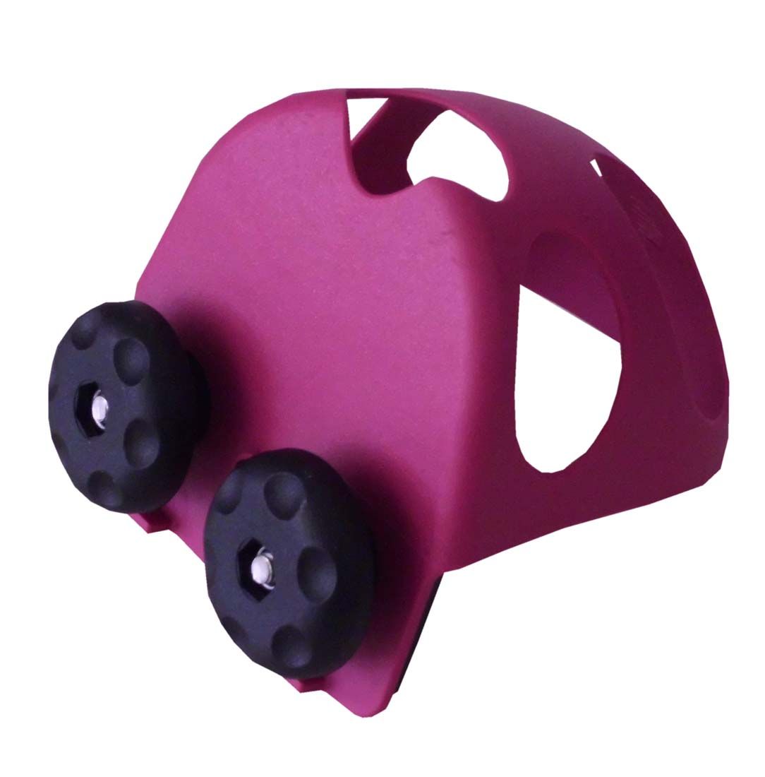 Rosa Steigbügeleinlage mit zwei schwarzen Rollen. Ansicht von der Seite.