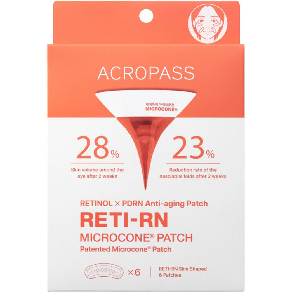 Verpackung von ACROPASS Reti-Rn Mikrokegel-Pflaster Slim Type. Enthält 6 Pflaster. Orange-weißes Design.