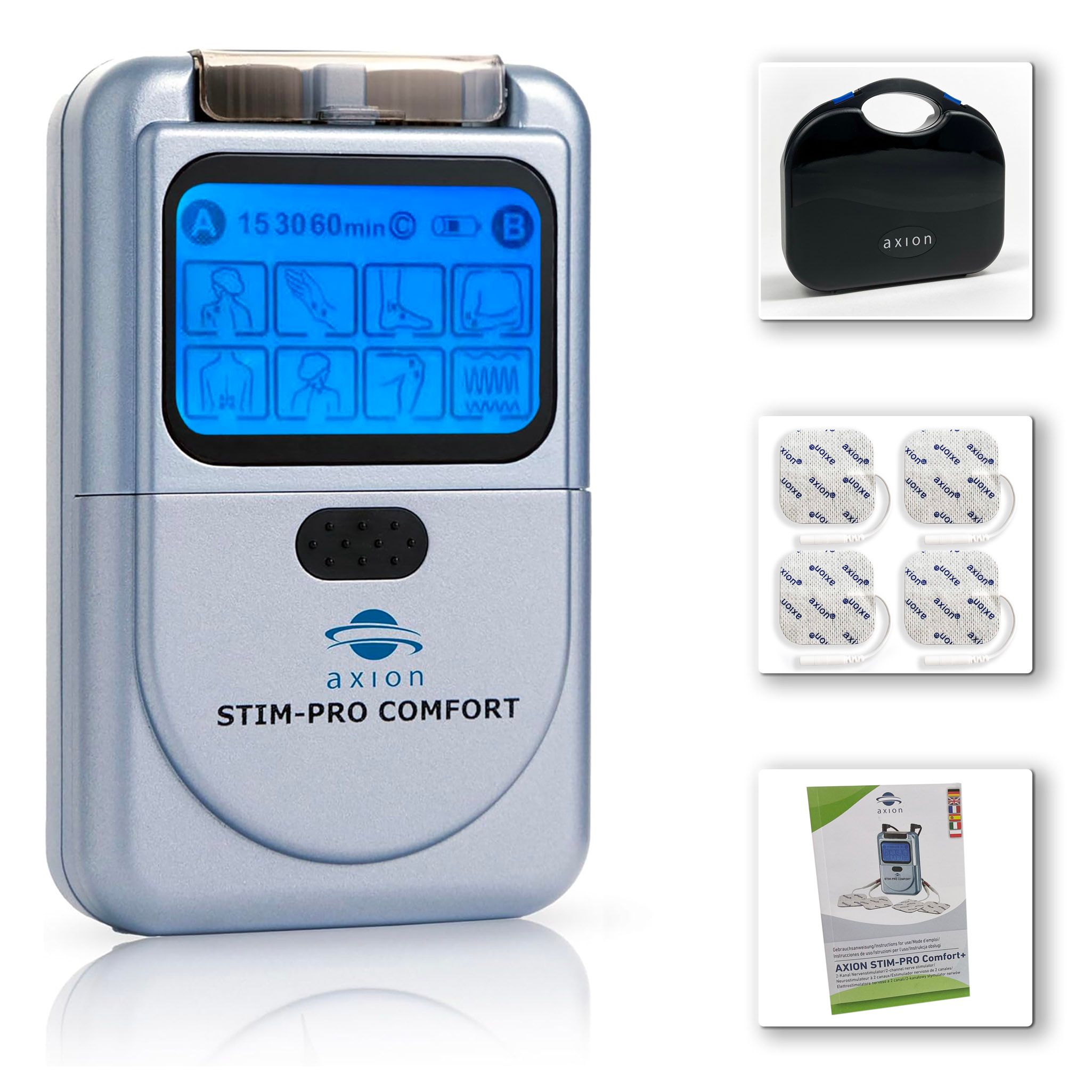 TENS-Gerät, Zubehör und Verpackung. axion STIM-PRO COMFORT. Elektroden, Tragetasche, Anleitungen.