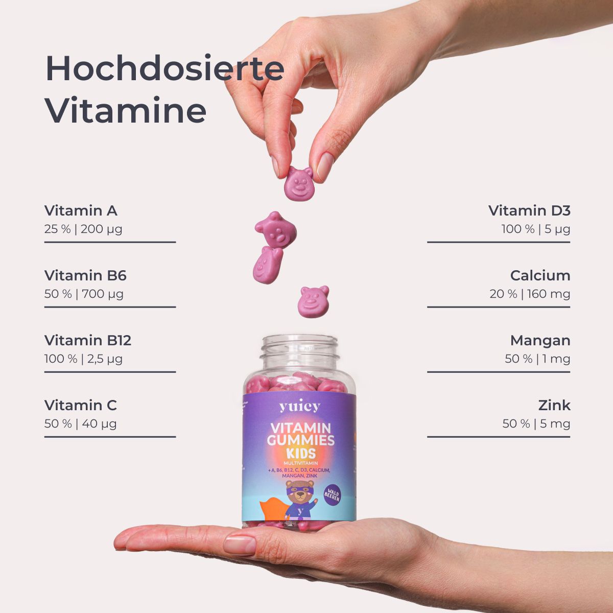 Hände halten Gummibärchen und Flasche yuicy® Vitamin Gummies Kids. Text: Hochdosierte Vitamine. Diagramm mit Vitaminen und Mineralien.