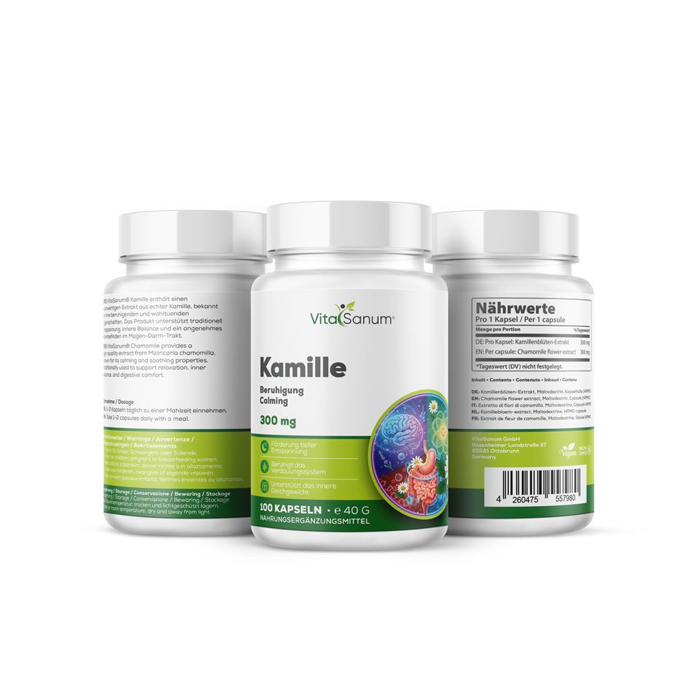 Drei weiße Flaschen mit grünem Etikett. Aufschrift: Kamille, 300 mg, VitaSanum. Illustration von Gehirn und Organen.