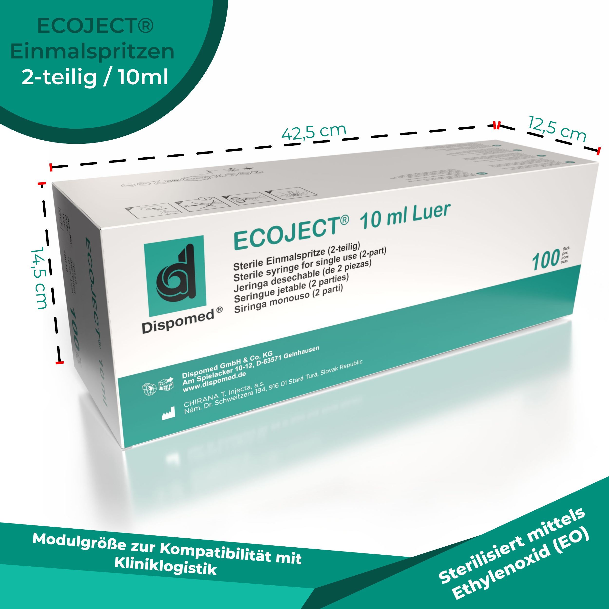 Karton mit Einmalspritzen. Aufschrift "Ecoject 10 ml Luer". Enthält 100 Stück. Abmessungen: 42,5 x 14,5 x 12,5 cm. Dispomed.