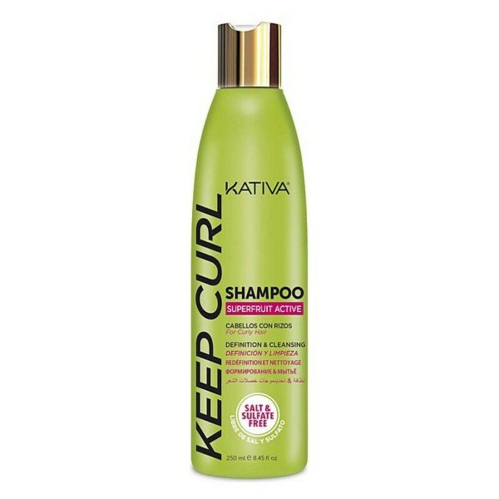 Grüne Shampoo-Flasche mit goldfarbenem Deckel. Text: Kativa Keep Curl Shampoo, Superfruit Active, für lockiges Haar. Salz- und sulfatfrei.