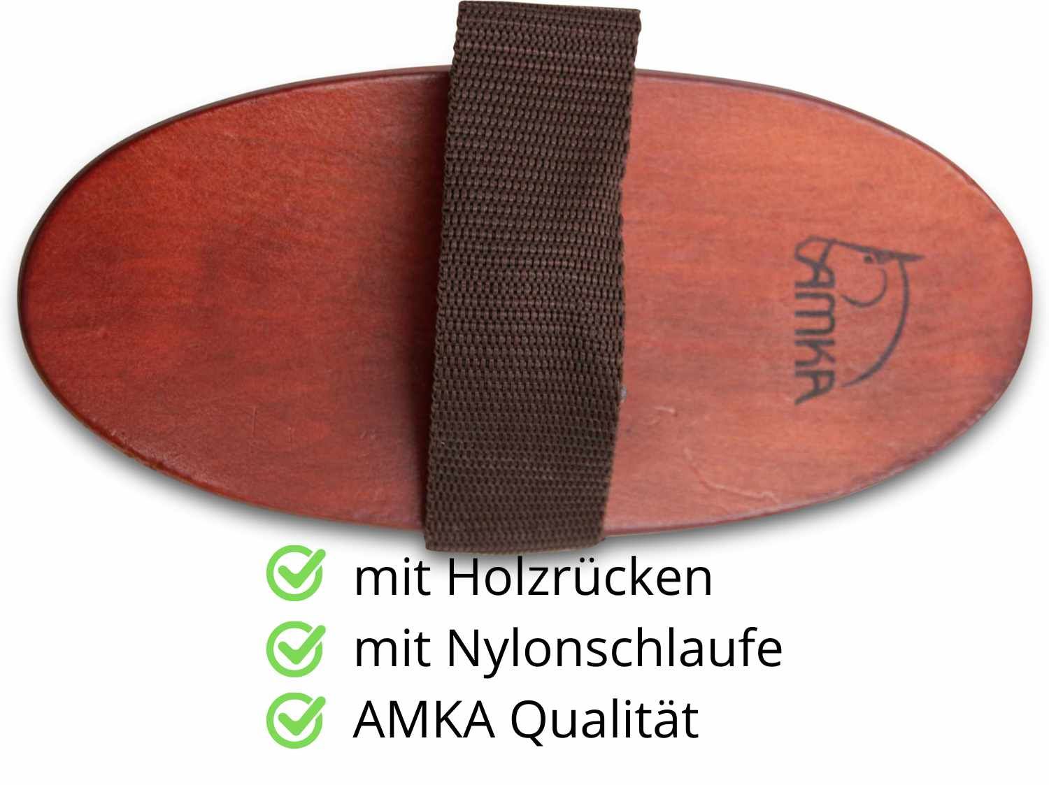 AMKA Pferdebürste mit Holzrücken und Nylonschlaufe. Oval, braun, mit Logo.