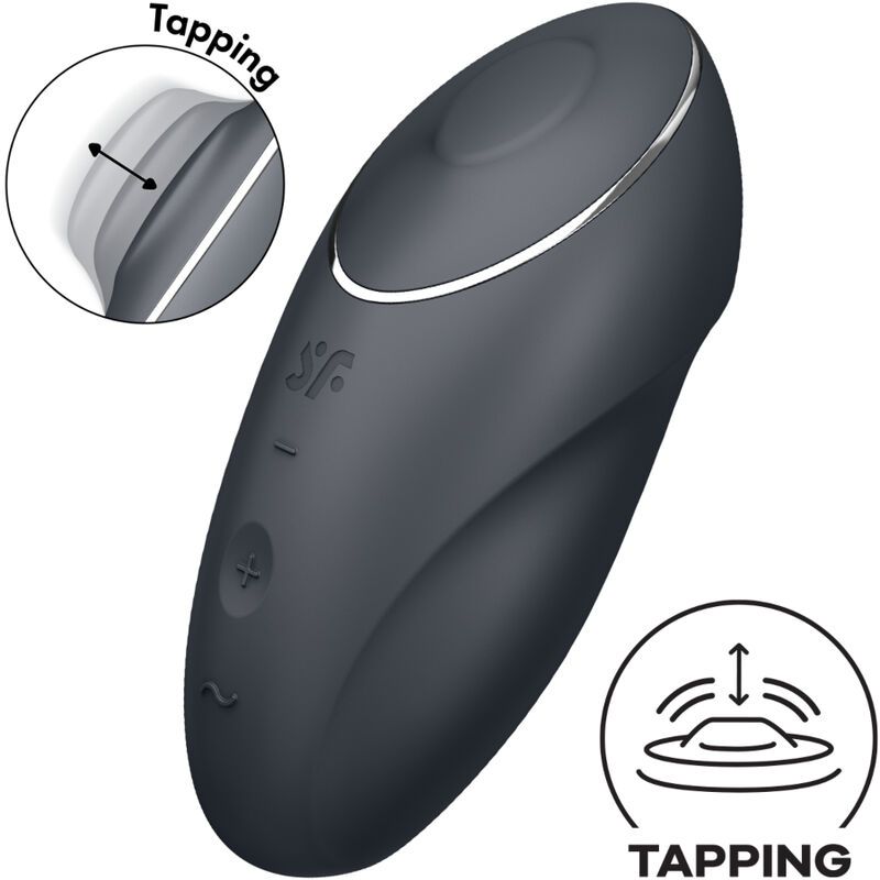 Dunkelgraues, ovales Gerät mit silbernem Rand. Bedienknöpfe. Illustration des Tapping-Mechanismus.