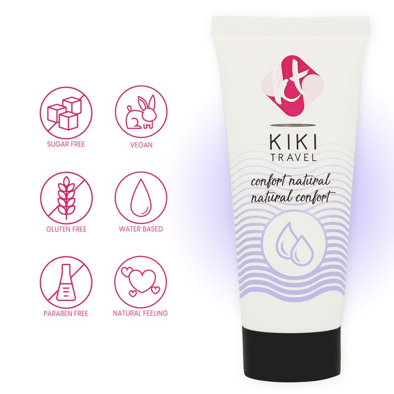 Kiki Travel Gleitgel Tube mit Icons: Zuckerfrei, Vegan, Glutenfrei, Wasserbasiert, Parabenfrei, Natürliches Gefühl.
