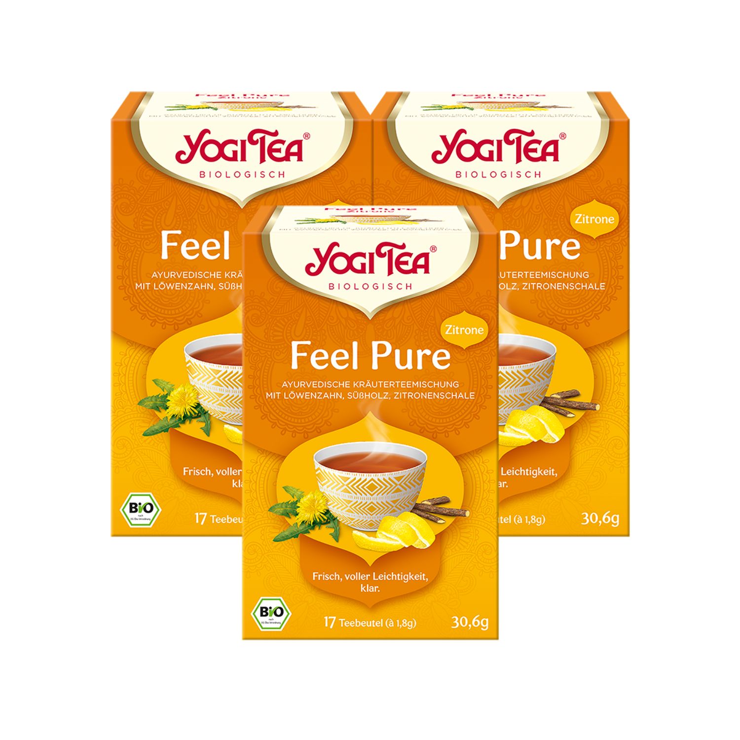 Mehrere Packungen Yogi Tea - Feel Pure. Aufdruck: ayurvedische Kräutermischung mit Zitrone, 17 Teebeutel, Bio-Siegel.